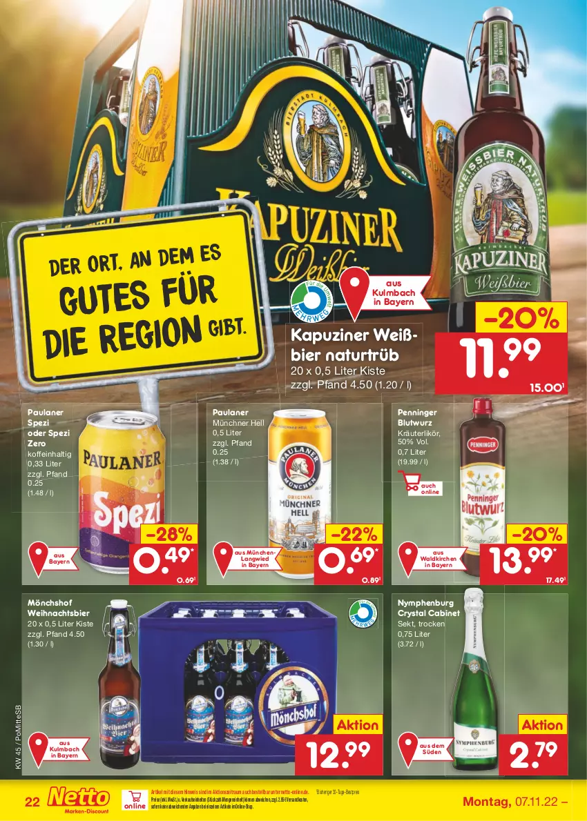 Aktueller Prospekt Netto Marken-Discount - Filial-Angebote - von 07.11 bis 12.11.2022 - strona 22 - produkty: bestpreis, bier, eis, kräuter, kräuterlikör, likör, mönchshof, natur, ndk, Paula, paulaner, Penninger Blutwurz, reis, sekt, Spezi, Ti