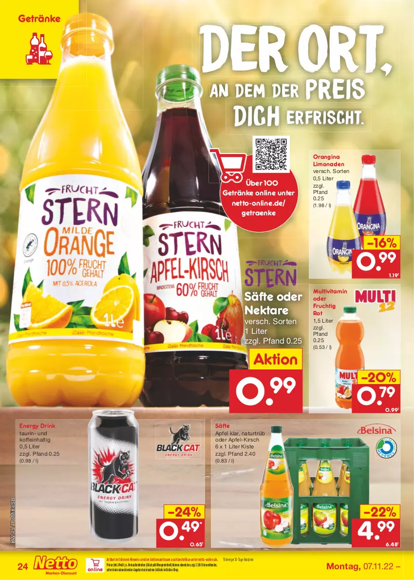 Aktueller Prospekt Netto Marken-Discount - Filial-Angebote - von 07.11 bis 12.11.2022 - strona 24 - produkty: apfel, bestpreis, drink, eis, energy drink, frucht, getränk, getränke, gin, kirsch, limo, limonade, limonaden, natur, ndk, Nektar, orangina, reis, säfte, Ti, vita