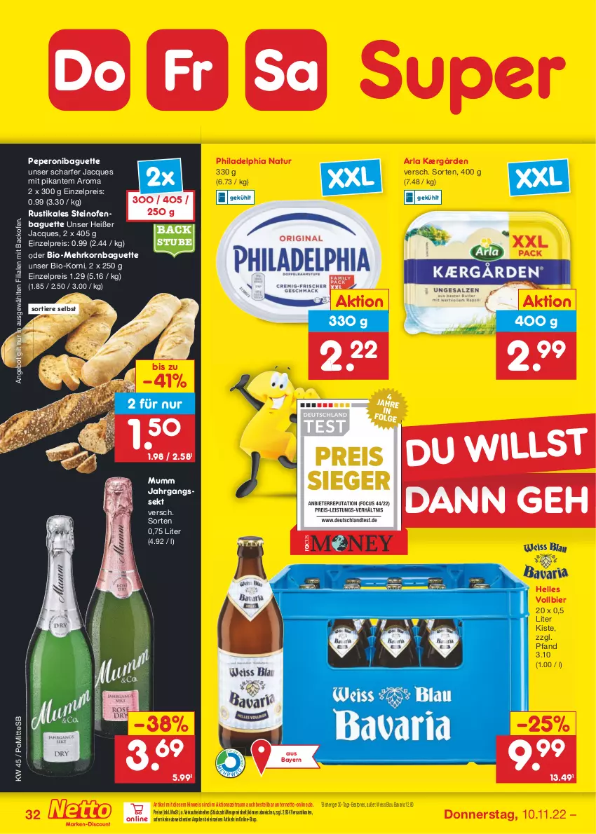 Aktueller Prospekt Netto Marken-Discount - Filial-Angebote - von 07.11 bis 12.11.2022 - strona 32 - produkty: angebot, arla, backofen, baguette, bestpreis, bier, bio, eis, elle, jahrgangssekt, Kærgården, korn, mumm, natur, ndk, Ofen, peperoni, Peroni, philadelphia, reis, Ria, sekt, steinofen, stube, Ti, Tiere