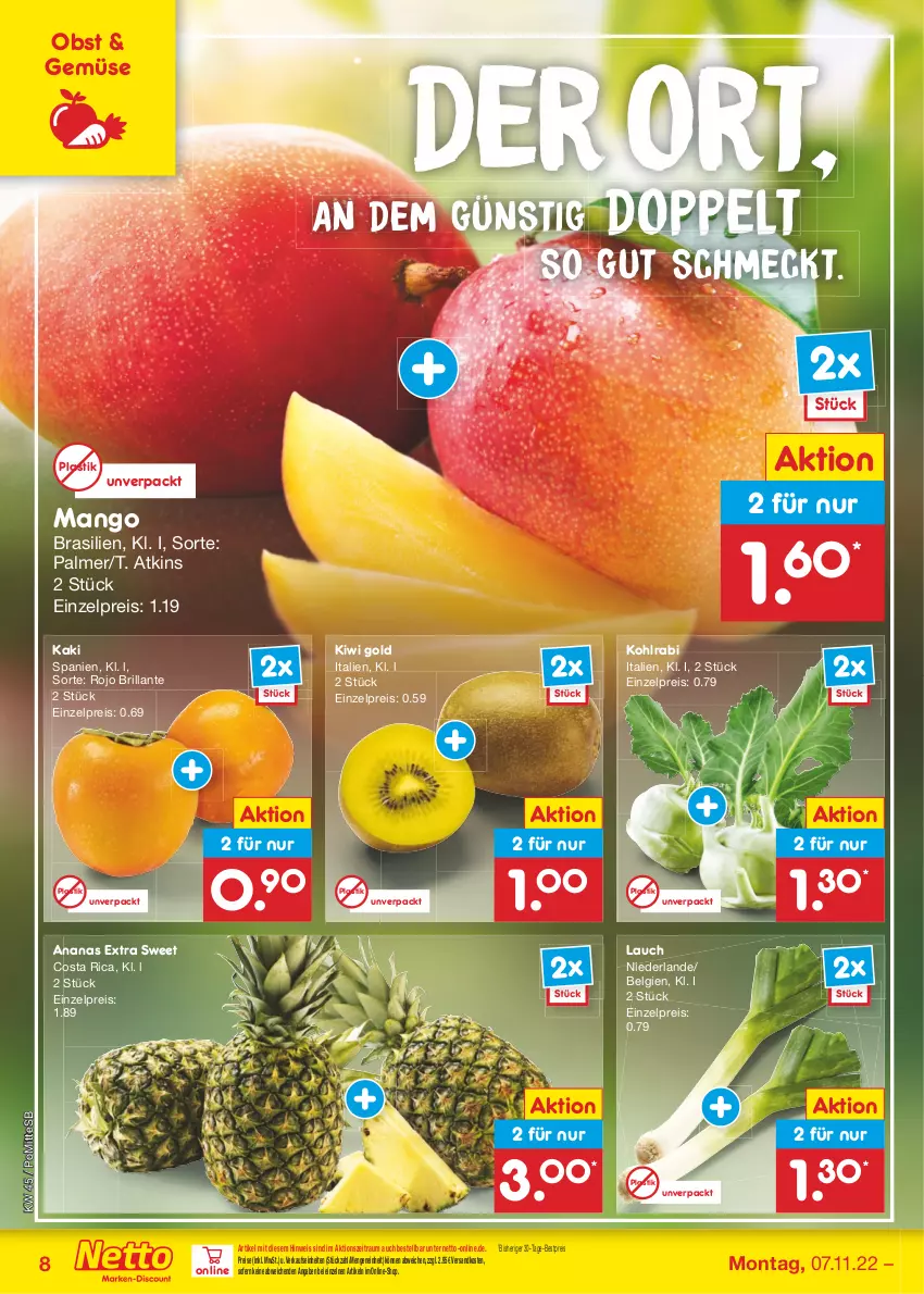 Aktueller Prospekt Netto Marken-Discount - Filial-Angebote - von 07.11 bis 12.11.2022 - strona 8 - produkty: ananas, asti, bestpreis, eis, Kaki, kiwi, Kiwi Gold, kohlrabi, LG, mango, ndk, obst, reis, Ti