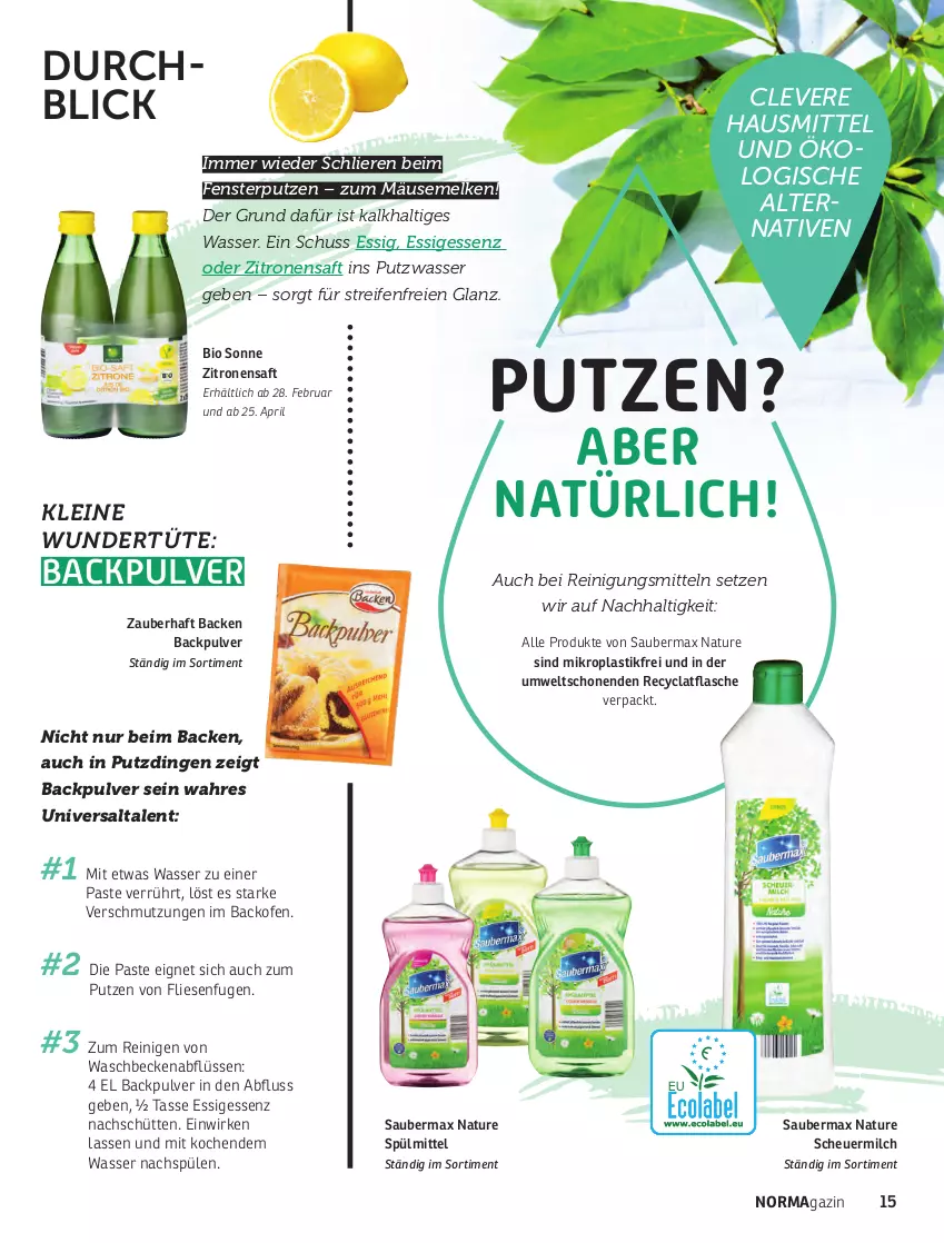 Aktueller Prospekt Norma - Norma - von 01.03 bis 30.04.2022 - strona 15 - produkty: asti, backofen, bio, essig, fenster, flasche, Heu, leine, magazin, milch, natur, Ofen, pril, reifen, Reinigung, Reinigungsmittel, saft, scheuermilch, senf, Spülen, spülmittel, tasse, Ti, Tüte, waschbecken, wasser, zitrone, zitronen, zitronensaft