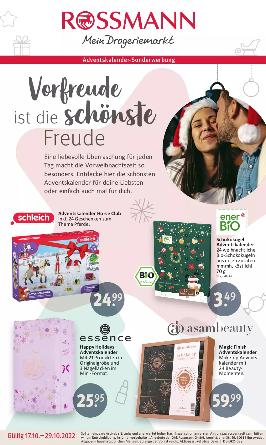 Aktueller Prospekt Rossmann - Prospekte - von 17.10 bis 29.10.2022 - strona 1 - produkty: Adventskalender, angebot, angebote, bio, decke, ente, erde, Finish, gin, Kugel, lack, Lacke, LG, mac, Make-up, Nagellack, rwe, schoko, Ti, wedel