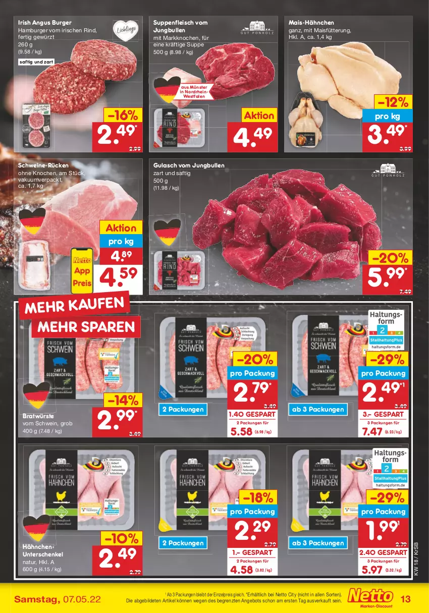 Aktueller Prospekt Netto Marken-Discount - Filial-Angebote - von 02.05 bis 07.05.2022 - strona 13 - produkty: angebot, burger, eis, fleisch, gewürz, gulasch, hamburger, henkel, jungbullen, mais, natur, reis, rind, saft, schenkel, schwein, schweine, suppe, suppen, suppenfleisch, Ti, wein, weine, ZTE