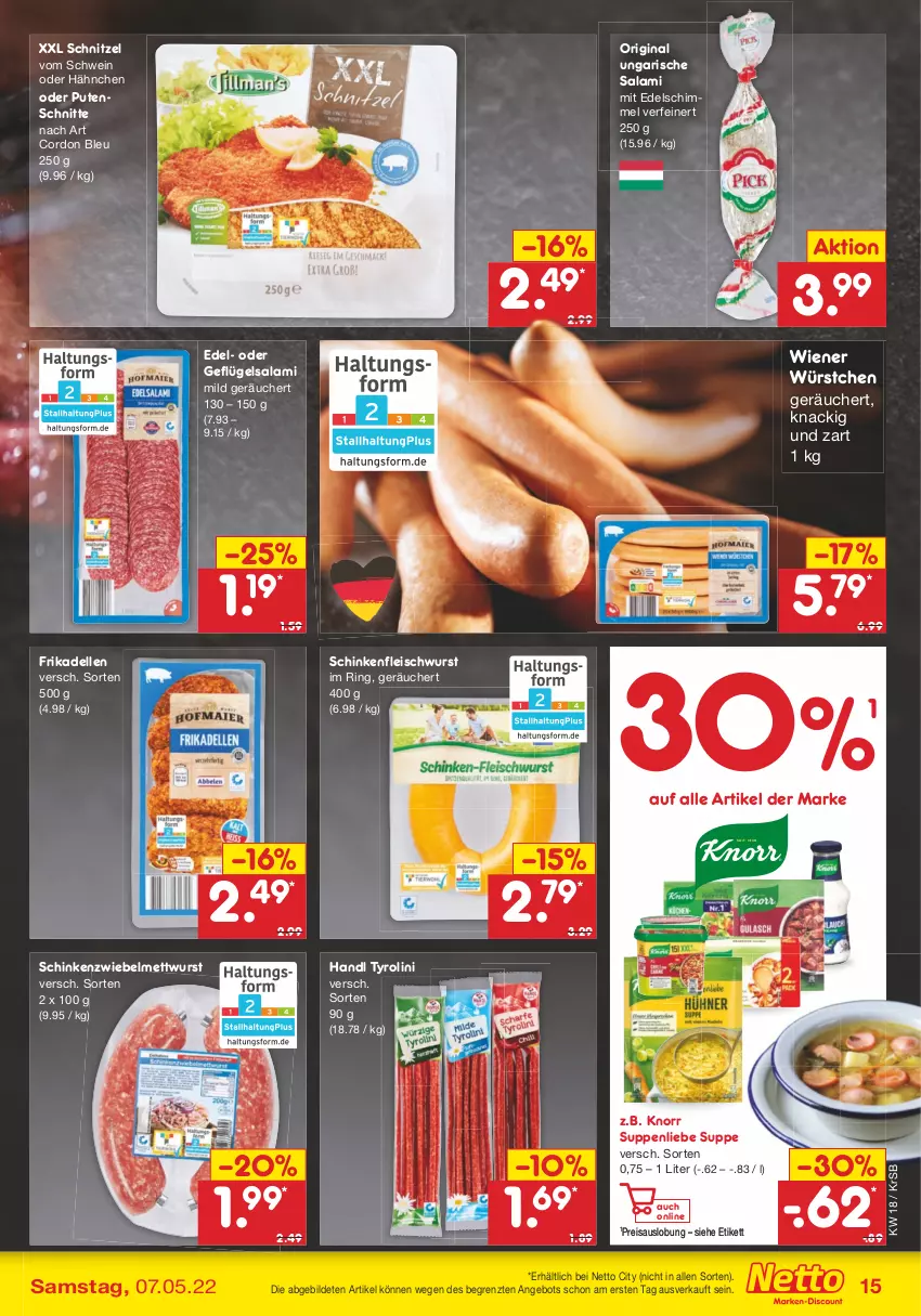 Aktueller Prospekt Netto Marken-Discount - Filial-Angebote - von 02.05 bis 07.05.2022 - strona 15 - produkty: angebot, cordon bleu, dell, eis, elle, fleisch, fleischwurst, frikadellen, Geflügel, gin, knorr, Mett, mettwurst, pute, reis, ring, salami, schinken, schinkenfleischwurst, schnitzel, schwein, suppe, suppen, suppenliebe, Ti, Ungarische Salami, wein, wiener, wiener würstchen, wurst, würstchen, ZTE, zwiebel, zwiebelmettwurst