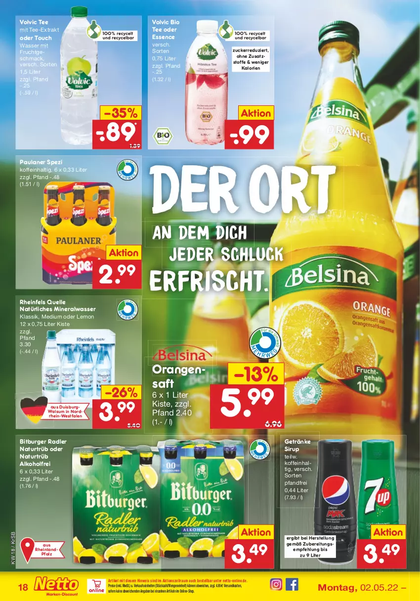 Aktueller Prospekt Netto Marken-Discount - Filial-Angebote - von 02.05 bis 07.05.2022 - strona 18 - produkty: alkohol, Alwa, bio, bitburger, burger, eis, elle, frucht, getränk, getränke, mac, mineralwasser, mit frucht, natur, natürliches mineralwasser, ndk, orange, orangen, orangensaft, Paula, paulaner, radler, reis, rheinfels quelle, saft, sirup, Spezi, tee, Ti, volvic, wasser, zucker