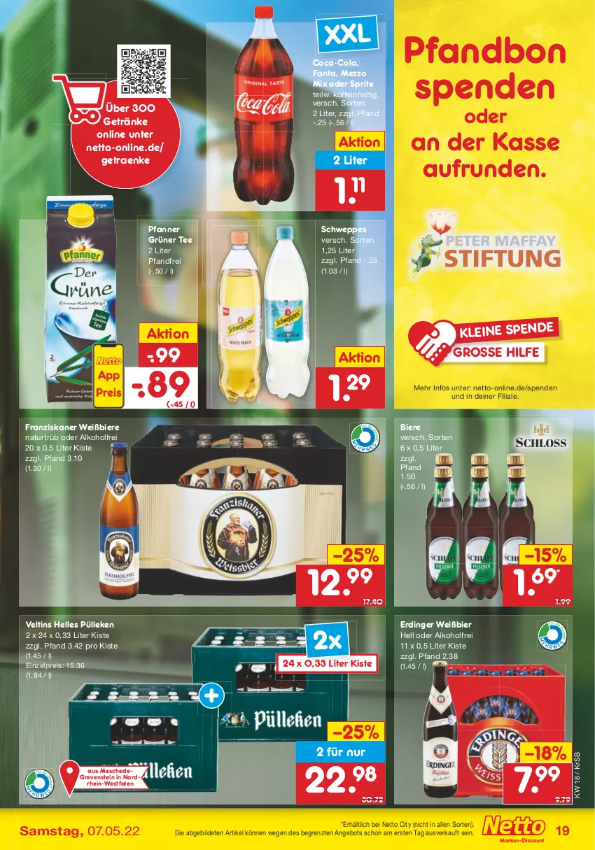 Aktueller Prospekt Netto Marken-Discount - Filial-Angebote - von 02.05 bis 07.05.2022 - strona 19 - produkty: alkohol, angebot, bier, Biere, coca-cola, cola, eis, elle, erdinger, fanta, franziskaner, getränk, getränke, grüner tee, leine, Mezzo Mix, natur, oder sprite, pfanne, Pfanner, reis, schweppes, sprite, tee, Ti, veltins, ZTE