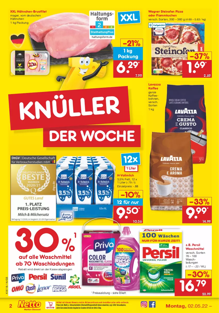 Aktueller Prospekt Netto Marken-Discount - Filial-Angebote - von 02.05 bis 07.05.2022 - strona 2 - produkty: bohne, bohnen, brustfilet, eis, filet, flammkuchen, hähnchen-brustfilet, kaffee, kaffeebohnen, kuchen, lamm, lavazza, milch, ndk, Ofen, persil, persil waschmittel, pizza, reis, steinofen, steinofen pizza, Ti, vollmilch, wagner, waschmittel