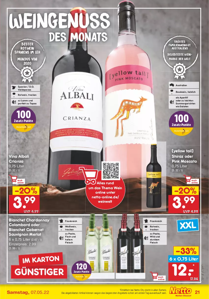 Aktueller Prospekt Netto Marken-Discount - Filial-Angebote - von 02.05 bis 07.05.2022 - strona 21 - produkty: angebot, aperitif, aust, cabernet, cabernet sauvignon, chardonnay, eis, elle, fisch, fleisch, lamm, merl, merlot, nuss, pasta, reis, Ria, roséwein, rotwein, salat, salate, sauvignon, Tapas, Ti, wein, Weißwein, Wild, yellow tail, ZTE