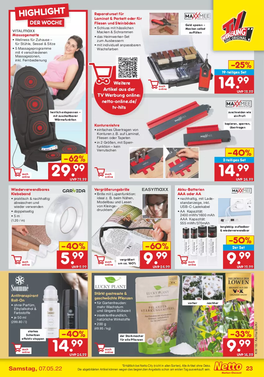 Aktueller Prospekt Netto Marken-Discount - Filial-Angebote - von 02.05 bis 07.05.2022 - strona 23 - produkty: akku, alkohol, angebot, Antitranspirant, batterie, batterien, Bau, Beba, Blüte, Brille, deka, dell, fernbedienung, Garten, ladekabel, laminat, mac, Mode, mwh, pflanze, pflanzen, roll-on, rwe, Schal, sekt, sessel, Stühl, Tapete, Tapeten, Ti, tisch, usb, ZTE