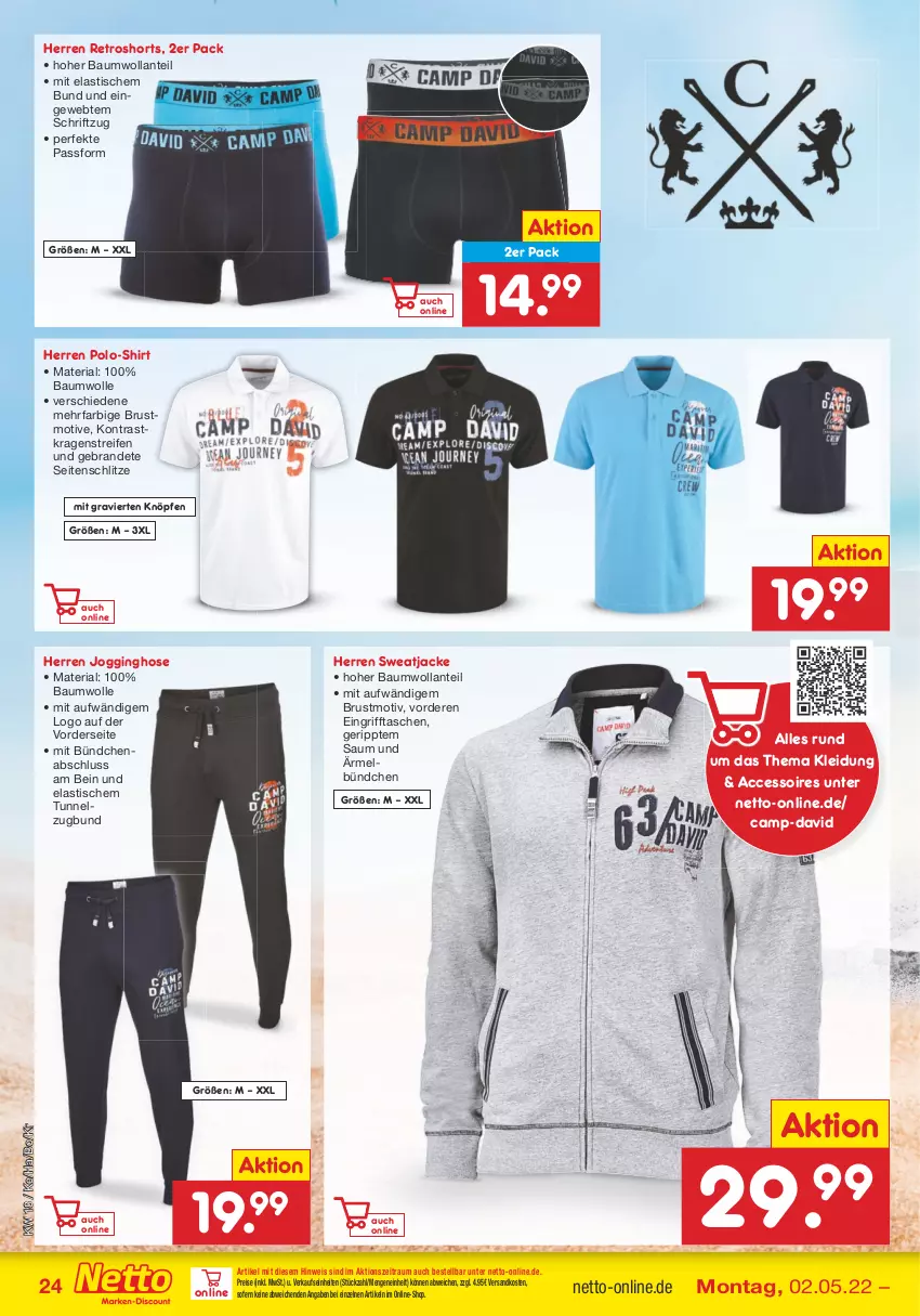 Aktueller Prospekt Netto Marken-Discount - Filial-Angebote - von 02.05 bis 07.05.2022 - strona 24 - produkty: ACC, accessoires, asti, Bau, baumwolle, eis, gin, hose, Jacke, Jogginghose, kleid, Kleidung, ndk, Polo-Shirt, reifen, reis, retroshorts, Ria, Schriftzug, shirt, shorts, sweatjacke, Tasche, taschen, Ti, tisch, wolle