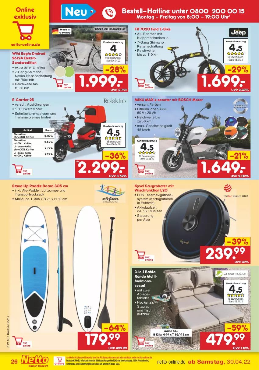 Aktueller Prospekt Netto Marken-Discount - Filial-Angebote - von 02.05 bis 07.05.2022 - strona 26 - produkty: akku, bosch, Dreirad, E-Bike, eis, Elektro, Germ, hocker, Kette, koffer, ndk, nexus, reis, rucksack, sac, Saugroboter, Schal, scooter, sessel, shimano, Sport, tablet, tablett, Ti, tisch, trommel, uhr, Wild