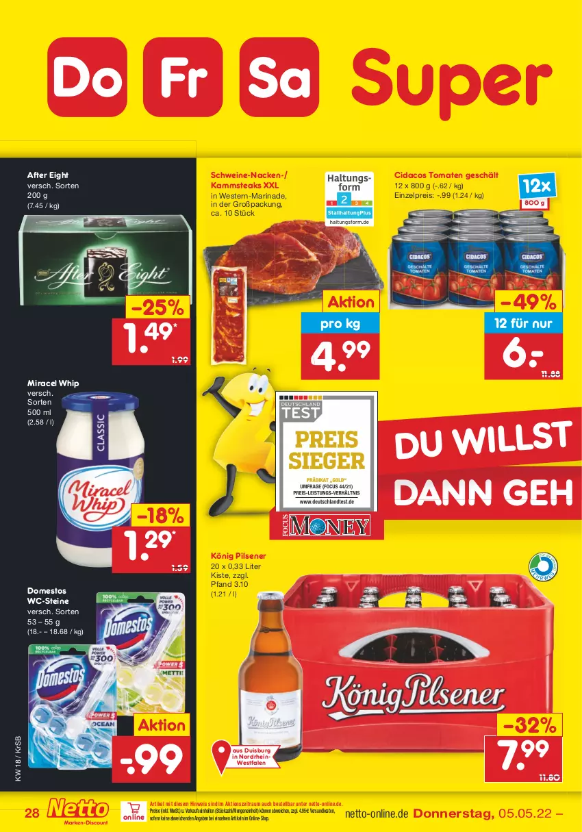 Aktueller Prospekt Netto Marken-Discount - Filial-Angebote - von 02.05 bis 07.05.2022 - strona 28 - produkty: after eight, domestos, eis, könig pilsener, marinade, miracel, miracel whip, ndk, pils, pilsener, reis, schwein, schweine, steak, steaks, Ti, tomate, tomaten, WC-Steine, wein, weine, Weste