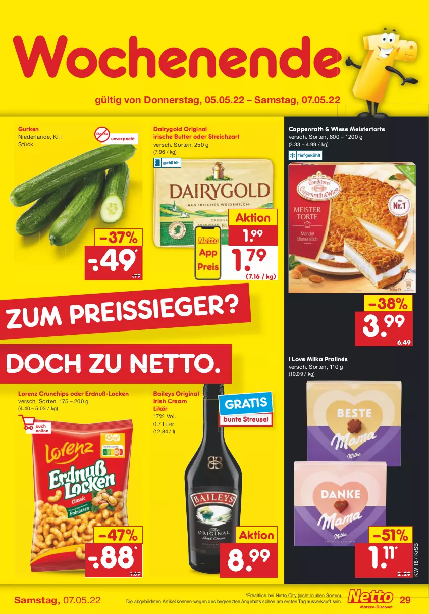 Aktueller Prospekt Netto Marken-Discount - Filial-Angebote - von 02.05 bis 07.05.2022 - strona 29 - produkty: angebot, asti, baileys, butter, chips, coppenrath, crunchips, Dairygold, eis, gin, gurke, gurken, irische butter, irish cream, likör, lorenz, lorenz crunchips, Meister, milka, Streichzart, Ti, torte, ZTE