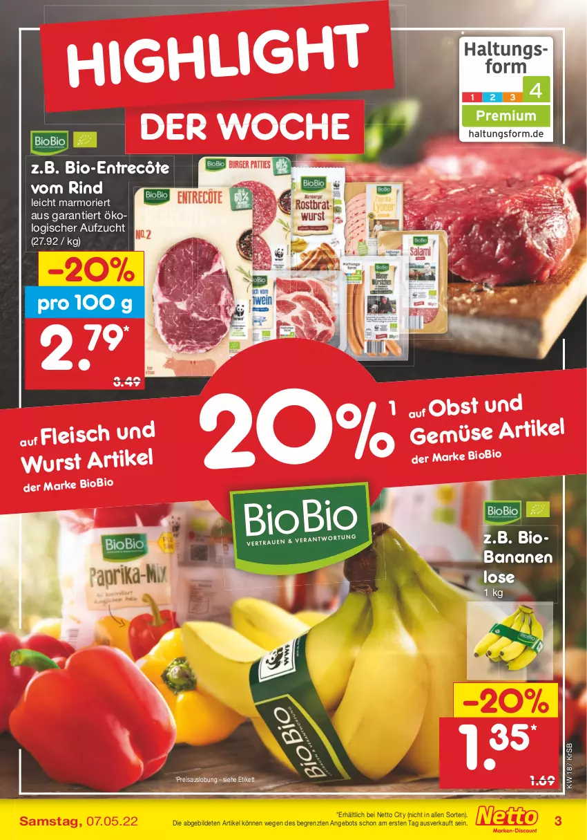 Aktueller Prospekt Netto Marken-Discount - Filial-Angebote - von 02.05 bis 07.05.2022 - strona 3 - produkty: angebot, banane, bananen, bio, biobio, eis, entrecôte, fleisch, obst, Obst und Gemüse, reis, rind, Ti, und gemüse, wurst, ZTE