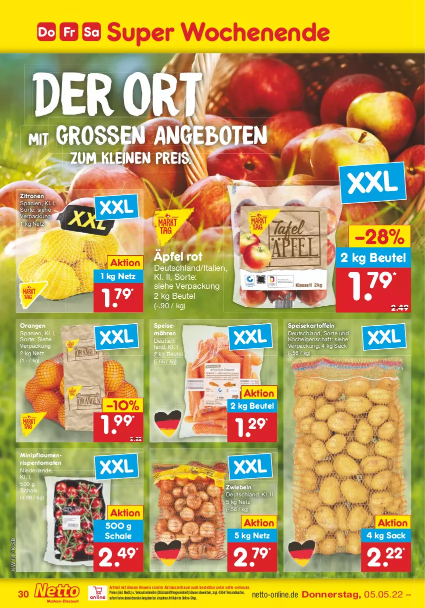 Aktueller Prospekt Netto Marken-Discount - Filial-Angebote - von 02.05 bis 07.05.2022 - strona 30 - produkty: angebot, angebote, beutel, eis, kartoffel, kartoffeln, leine, möhren, ndk, orange, orangen, pflaume, pflaumen, reis, rispentomaten, sac, Schal, Schale, speisekartoffeln, speisemöhren, Ti, tomate, tomaten, zitrone, zitronen, zwiebel, zwiebeln