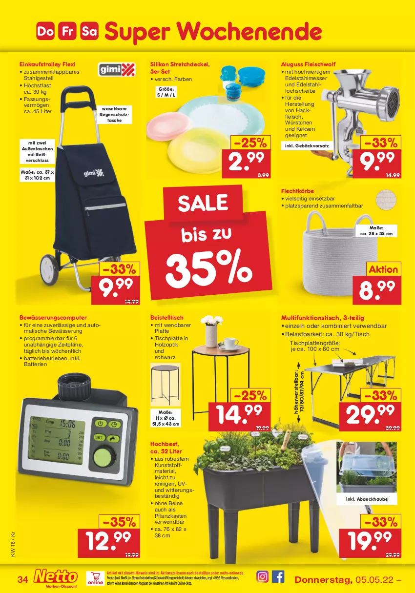 Aktueller Prospekt Netto Marken-Discount - Filial-Angebote - von 02.05 bis 07.05.2022 - strona 34 - produkty: abdeckhaube, auto, batterie, batterien, beistelltisch, computer, decke, Deckel, edelstahl, edelstahlmesser, eis, fleisch, hackfleisch, Holz, HP, keks, kekse, latte, LG, messer, ndk, Pflanzkasten, pute, Regenschutz, reis, Ria, rwe, Tasche, taschen, Ti, tisch, tischplatte, Tischplatten, trolley, würstchen