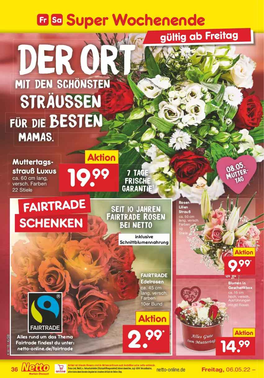 Aktueller Prospekt Netto Marken-Discount - Filial-Angebote - von 02.05 bis 07.05.2022 - strona 36 - produkty: blume, blumen, eis, Geschenkbox, mam, ndk, reis, rosen, Ti