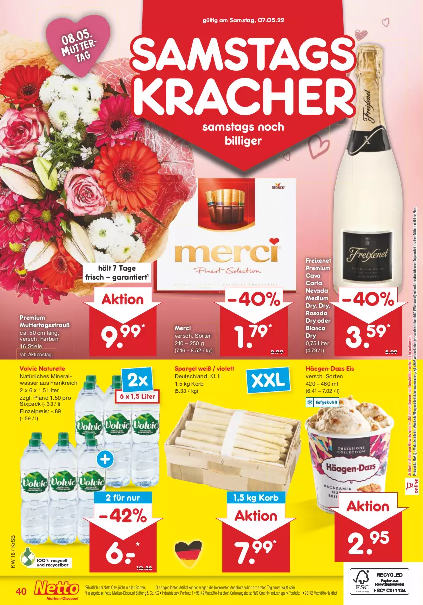 Aktueller Prospekt Netto Marken-Discount - Filial-Angebote - von 02.05 bis 07.05.2022 - strona 40 - produkty: Alwa, angebot, angebote, Cava, discount, eis, elle, freixenet, häagen-dazs, Holz, korb, kracher, marken-discount, merci, mineralwasser, natur, natürliches mineralwasser, ndk, reis, rel, spargel, Ti, versandkostenfrei, volvic, wasser, ZTE