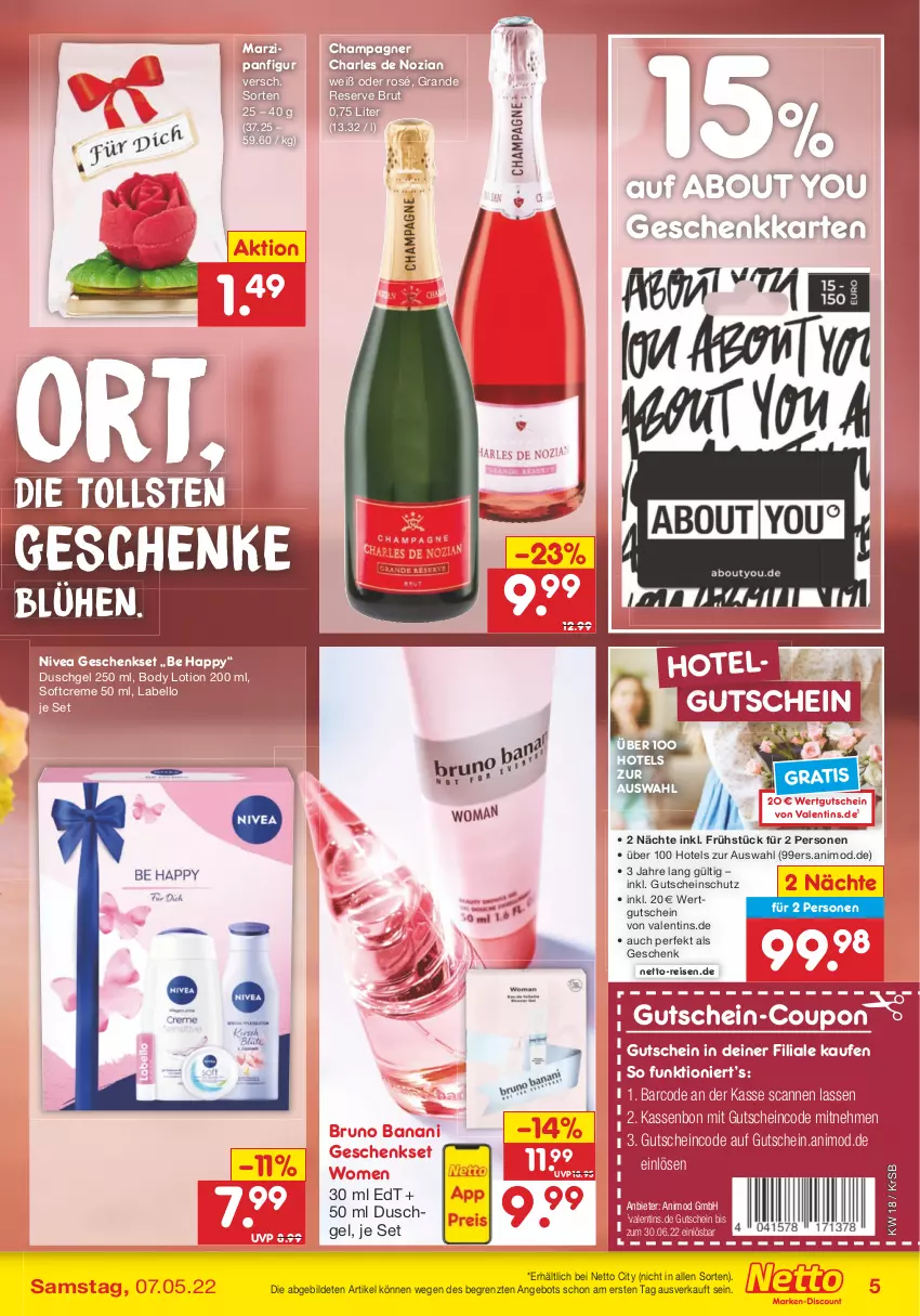 Aktueller Prospekt Netto Marken-Discount - Filial-Angebote - von 02.05 bis 07.05.2022 - strona 5 - produkty: angebot, body, body lotion, bruno banani, brut, champagne, champagner, coupon, creme, duschgel, eis, geschenkset, gutschein, Labello, LG, Lotion, marzipan, nivea, reis, Softcreme, Ti, Yo, ZTE