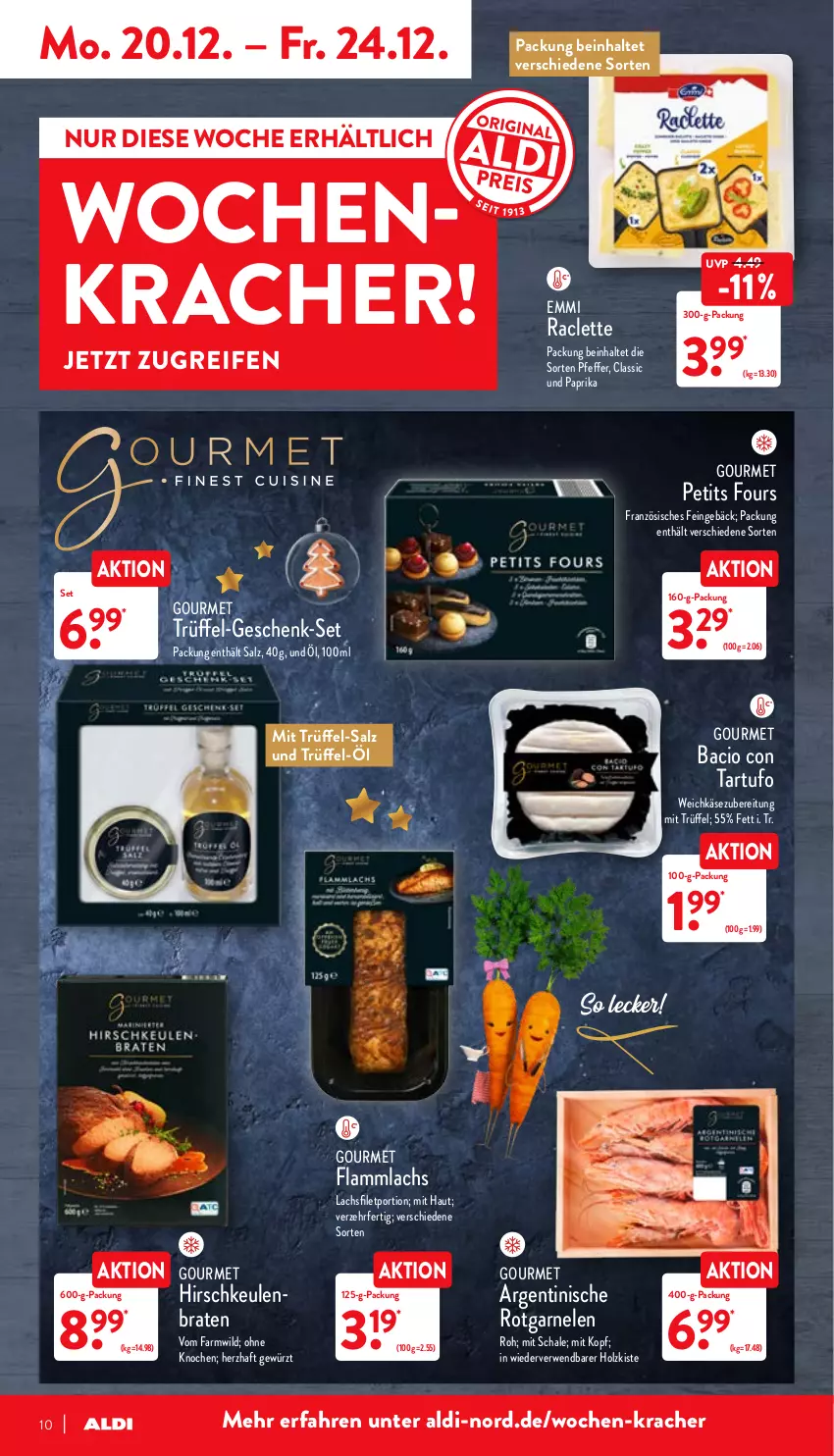 Aktueller Prospekt Aldi Nord - Aldi-Aktuell - von 20.12 bis 24.12.2021 - strona 10 - produkty: aldi, braten, emmi, filet, garnelen, gewürz, Hirschkeulenbraten, Holz, Käse, kracher, lachs, lachsfilet, lamm, paprika, pfeffer, reifen, rwe, salz, Schal, Schale, Tartufo, Ti, Trüffel, weichkäse, Wild