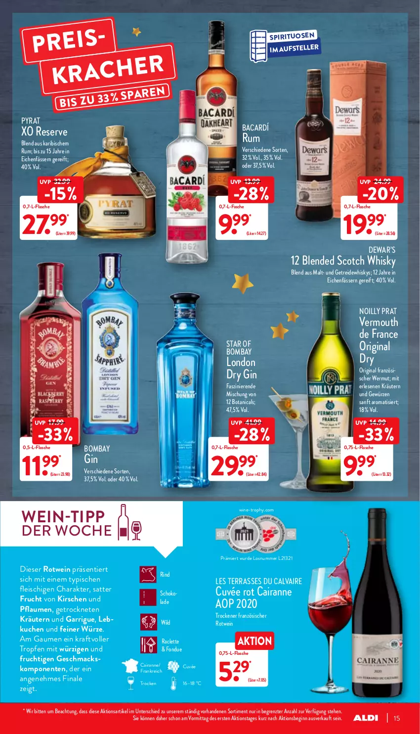 Aktueller Prospekt Aldi Nord - Aldi-Aktuell - von 20.12 bis 24.12.2021 - strona 15 - produkty: blended scotch, blended scotch whisky, cuvée, dry gin, eis, elle, ente, flasche, fleisch, Fondue, frucht, gewürz, gin, kirsch, kirsche, kirschen, kraft, kräuter, kräutern, kuchen, Lebkuchen, london dry, london dry gin, mac, pflaume, pflaumen, rind, rotwein, rum, schoko, schokolade, scotch, scotch whisky, spirituosen, teller, Ti, Vermouth, wein, whisky, Wild, ZTE