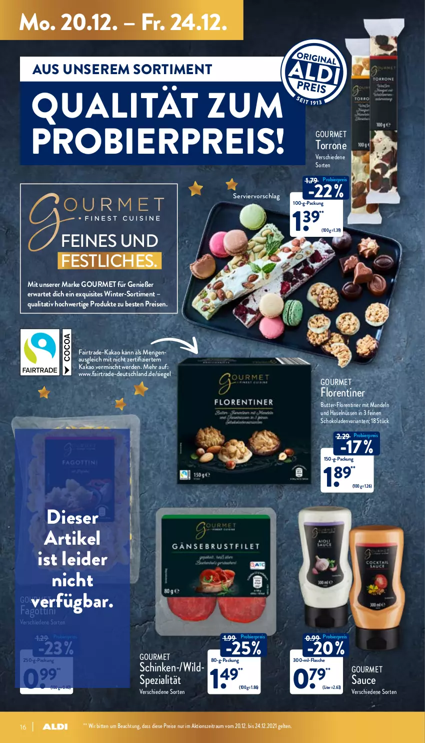 Aktueller Prospekt Aldi Nord - Aldi-Aktuell - von 20.12 bis 24.12.2021 - strona 16 - produkty: bier, butter, eis, erde, flasche, Florentiner, kakao, mandel, mandeln, reis, Ria, sauce, schinken, schoko, schokolade, schokoladen, Spezi, Ti, Wild