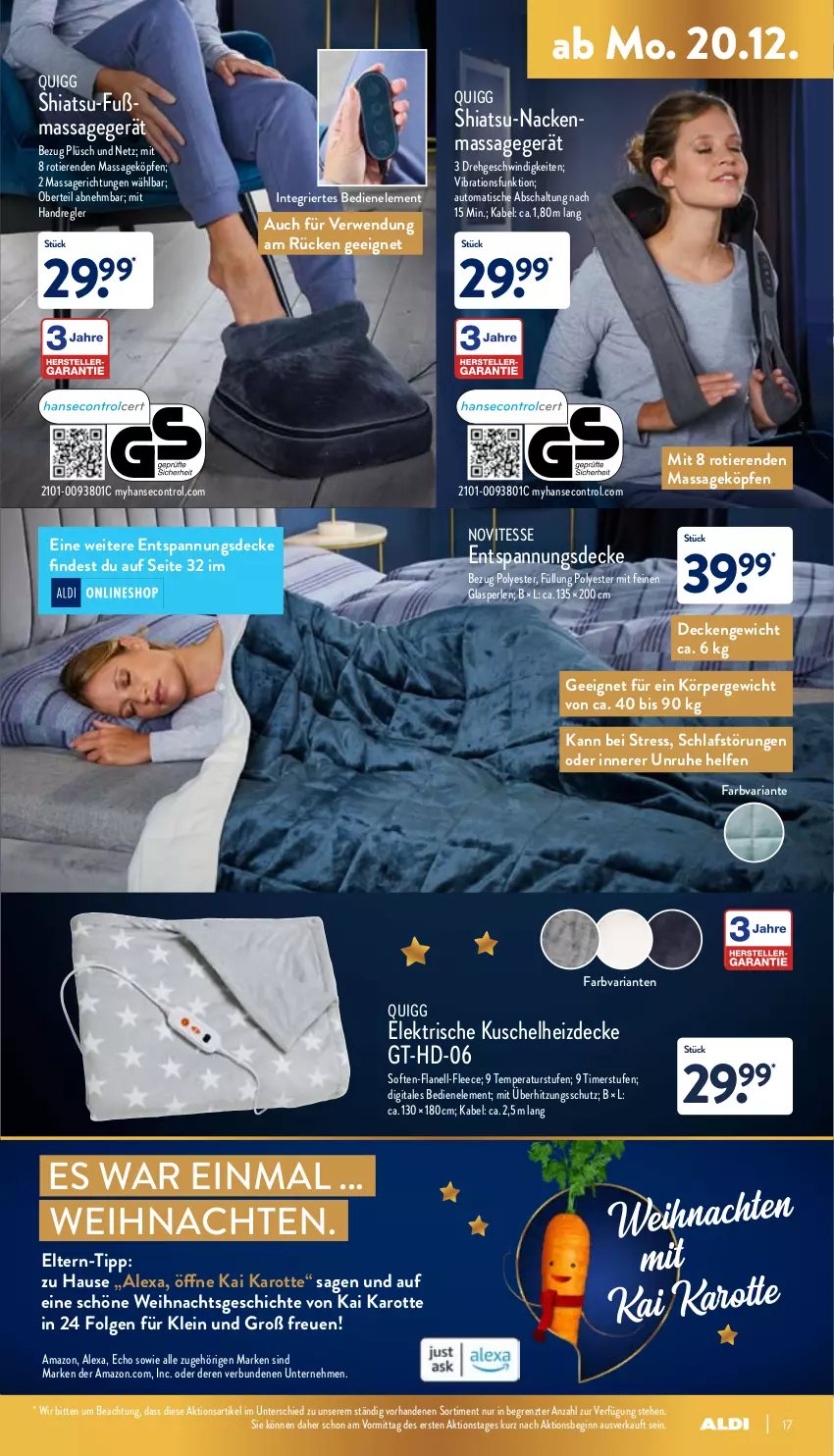 Aktueller Prospekt Aldi Nord - Aldi-Aktuell - von 20.12 bis 24.12.2021 - strona 17 - produkty: alexa, auto, decke, gin, LG, Massagegerät, perlen, Plüsch, quigg, Ria, rwe, Schal, Ti, Tiere, timer, tisch, überhitzungsschutz, weihnachten, ZTE