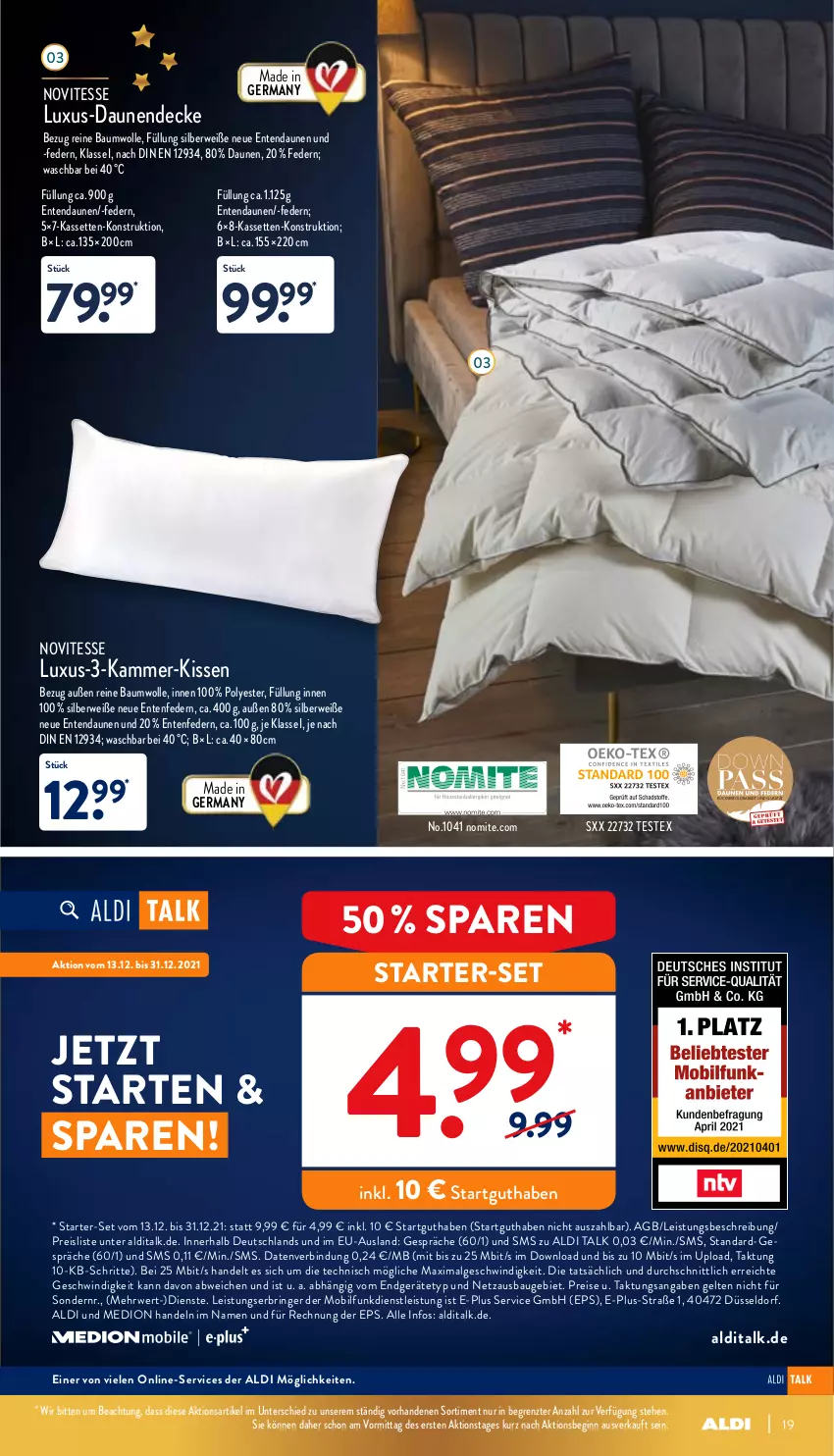 Aktueller Prospekt Aldi Nord - Aldi-Aktuell - von 20.12 bis 24.12.2021 - strona 19 - produkty: aldi, aldi talk, Bau, baumwolle, decke, eis, ente, Germ, gin, kissen, LG, medion, reine baumwolle, reis, ring, rwe, Ti, usb, wolle, ZTE