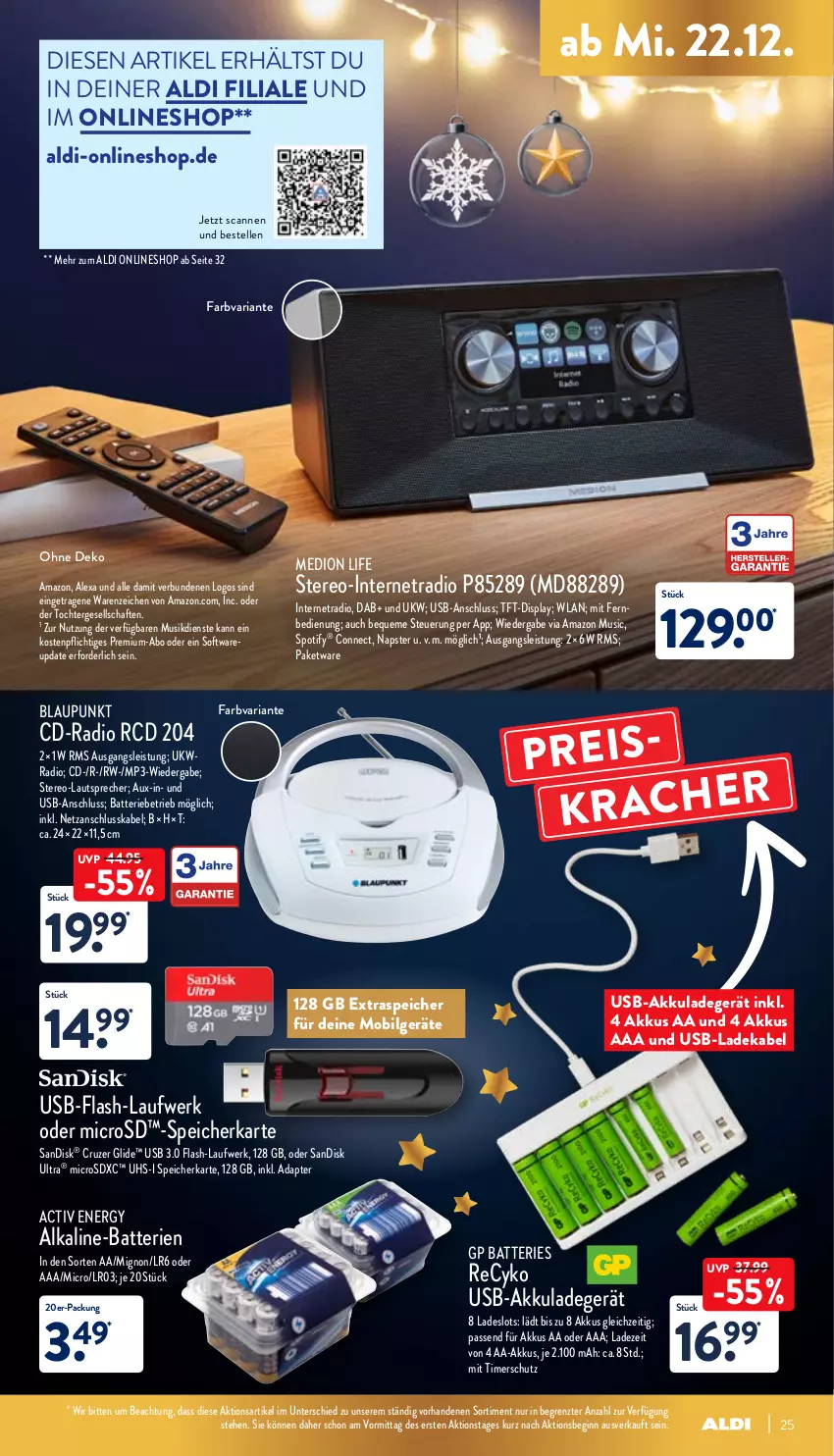 Aktueller Prospekt Aldi Nord - Aldi-Aktuell - von 20.12 bis 24.12.2021 - strona 25 - produkty: adapter, akku, aldi, alexa, batterie, batterien, blaupunkt, deka, eis, elle, gin, ladegerät, ladekabel, lautsprecher, LG, medion, microsd, microsdxc, Mp3, Radio, Ria, sandisk, Software, speicherkarte, Ti, timer, uhs-i speicherkarte, usb, ZTE