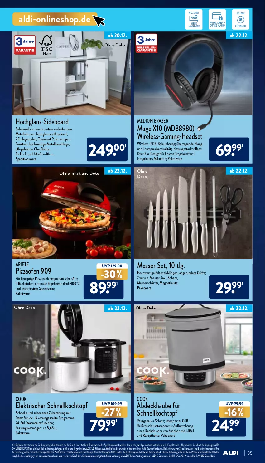 Aktueller Prospekt Aldi Nord - Aldi-Aktuell - von 20.12 bis 24.12.2021 - strona 35 - produkty: abdeckhaube, aldi, angebot, angebote, auer, aust, beleuchtung, decke, Deckel, edelstahl, eis, elle, erde, Headset, Hefte, hochglanz, Holz, Kochtopf, lack, Laufen, lautsprecher, LG, Liege, Löffel, medion, messer, Ofen, pizza, Pizzaofen, Razer, rel, rezept, rwe, Schere, Schnellkochtopf, sideboard, Speck, Tasche, taschen, Ti, topf