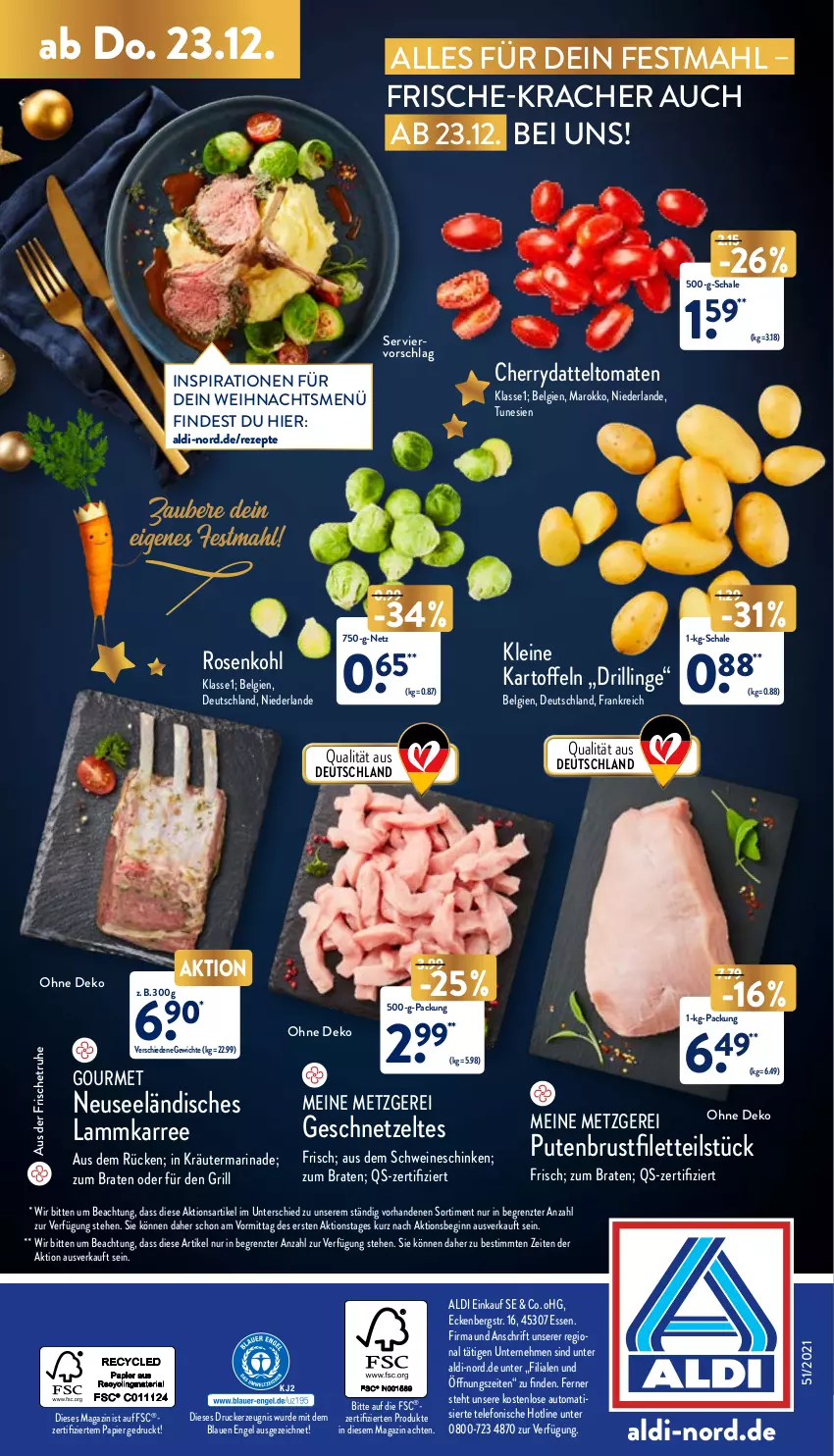 Aktueller Prospekt Aldi Nord - Aldi-Aktuell - von 20.12 bis 24.12.2021 - strona 36 - produkty: aldi, auto, braten, brustfilet, datteltomaten, drucker, Engel, filet, geschnetzeltes, gin, grill, kartoffel, kartoffeln, kerze, kracher, kräuter, lamm, leine, LG, magazin, marinade, papier, pute, putenbrust, putenbrustfilet, rezept, rezepte, rosen, Rosenkohl, Schal, Schale, schinken, schwein, schweine, telefon, Ti, tomate, tomaten, wein, weine, Zelt, ZTE