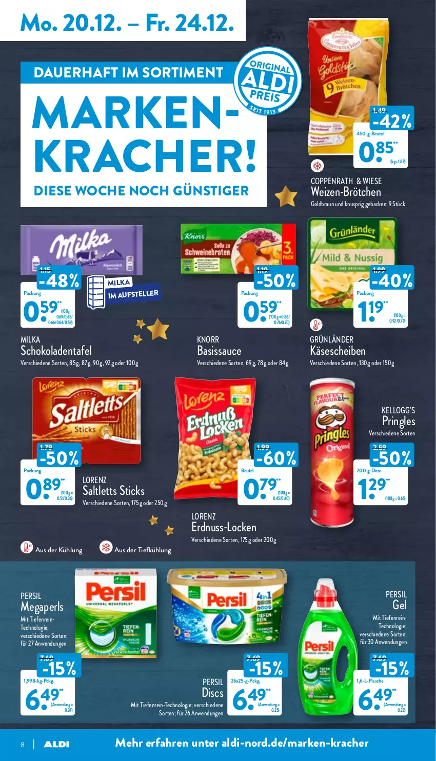 Aktueller Prospekt Aldi Nord - Aldi-Aktuell - von 20.12 bis 24.12.2021 - strona 8 - produkty: aldi, auer, aus der tiefkühlung, beutel, braun, brötchen, coppenrath, elle, erdnuss, flasche, geback, grünländer, Käse, käsescheiben, knorr, kracher, lorenz, megaperls, milka, nuss, persil, pringles, ring, saltletts, sauce, schoko, schokolade, schokoladen, teller, Ti