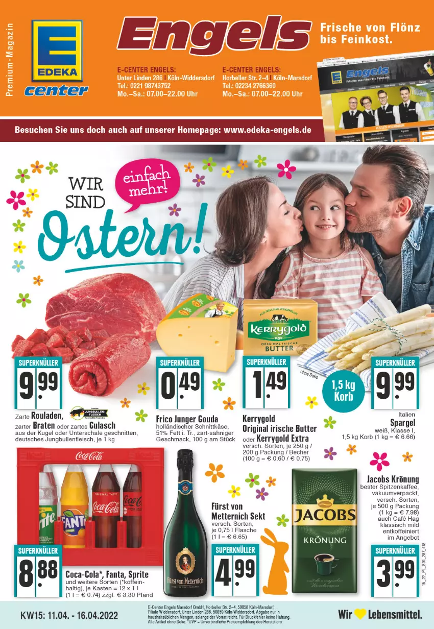 Aktueller Prospekt E Center - Angebote der Woche - von 11.04 bis 16.04.2022 - strona 1 - produkty: angebot, Becher, braten, butter, coca-cola, cola, deka, eis, elle, Engel, ente, fanta, flasche, fleisch, frico, gin, gouda, gulasch, holländischer schnittkäse, irische butter, jacobs, jacobs krönung, jungbullen, kaffee, Käse, kerrygold, kerrygold extra, korb, Kugel, lebensmittel, mac, mars, Mett, metternich, nero, reis, rouladen, Schal, Schale, schnitten, schnittkäse, sekt, sprite, teller, Ti