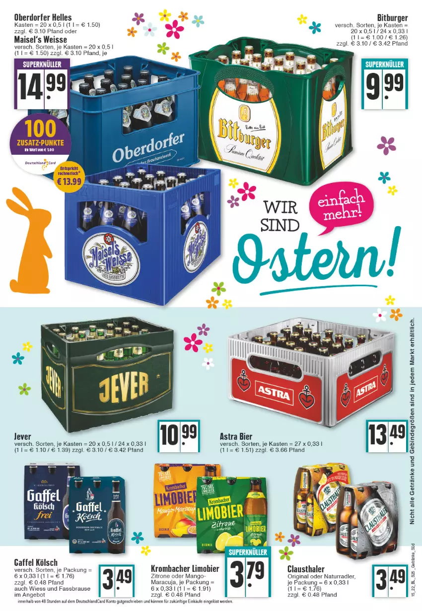 Aktueller Prospekt E Center - Angebote der Woche - von 11.04 bis 16.04.2022 - strona 25 - produkty: angebot, Astra, aust, bier, bitburger, brause, burger, clausthaler, deutschlandcard, eis, elle, erde, fassbrause, getränk, getränke, gin, jever, krombache, krombacher, limo, Limobier, mais, mango, maracuja, natur, radler, Ti, zitrone