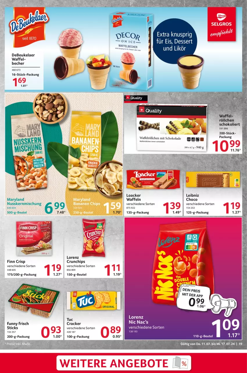 Aktueller Prospekt Selgros - Food - von 11.07 bis 17.07.2024 - strona 19 - produkty: apfel, Becher, beutel, chips, cracker, crunchips, debeukelaer, dessert, eis, Funny Frisch, gin, leibniz, lorenz, nuss, schoko, Ti, tuc, waffeln, Waffelröllchen, Yo