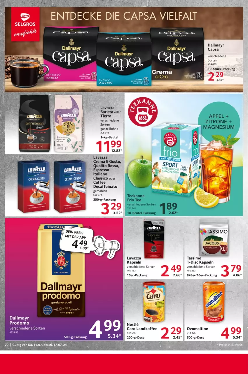 Aktueller Prospekt Selgros - Food - von 11.07 bis 17.07.2024 - strona 20 - produkty: apfel, beutel, bohne, caffe, Cap, classico, dallmayr, dallmayr capsa, dallmayr prodomo, erde, espresso, jacobs, jacobs tassimo, kaffee, lavazza, ndk, ovomaltine, prodomo, rel, ring, sim, Spezi, Sport, tassimo, tee, Ti, zitrone