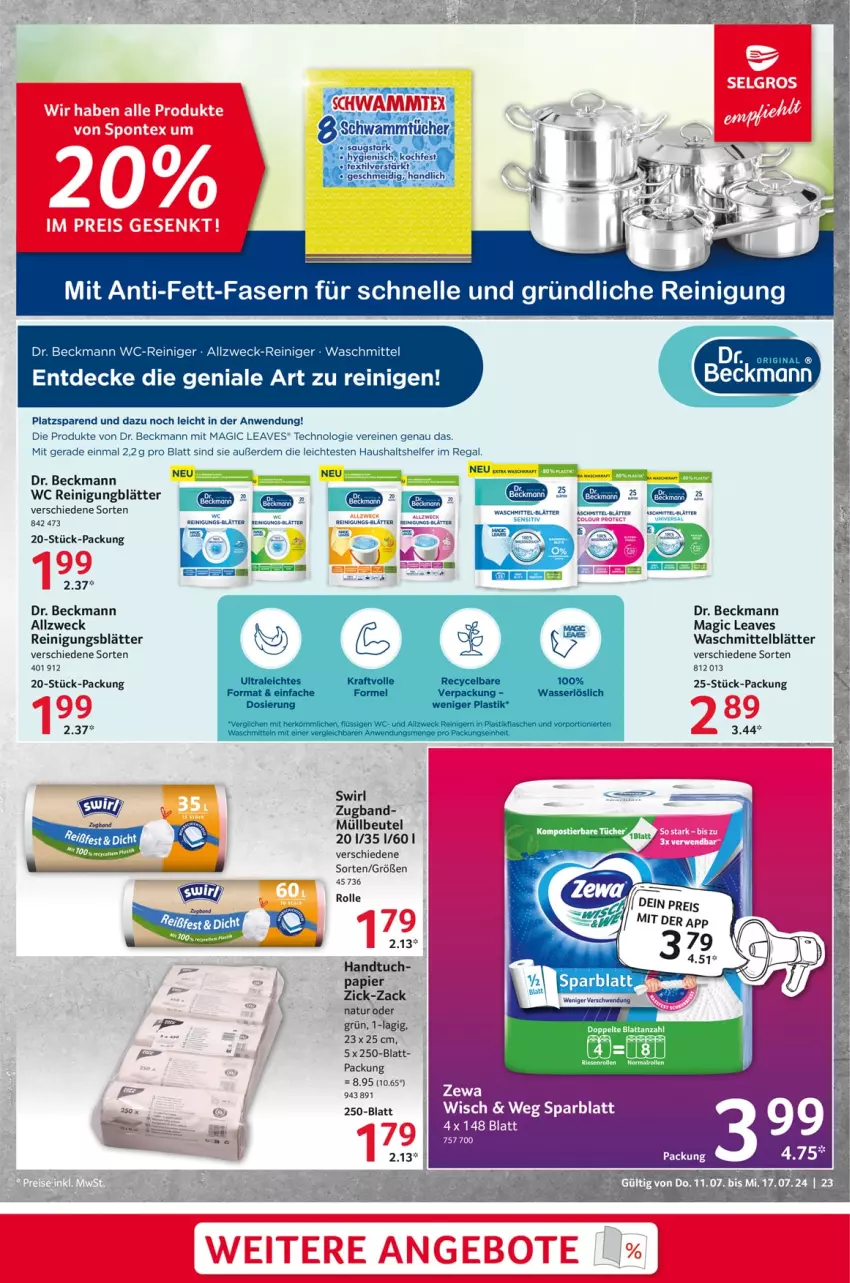 Aktueller Prospekt Selgros - Food - von 11.07 bis 17.07.2024 - strona 23 - produkty: Bebe, beutel, decke, Dr. Beckmann, eier, elle, erde, handtuch, müllbeutel, natur, papier, regal, reiniger, Reinigung, swirl, Ti, tuc, waschmittel, wc-reiniger, weck, zewa