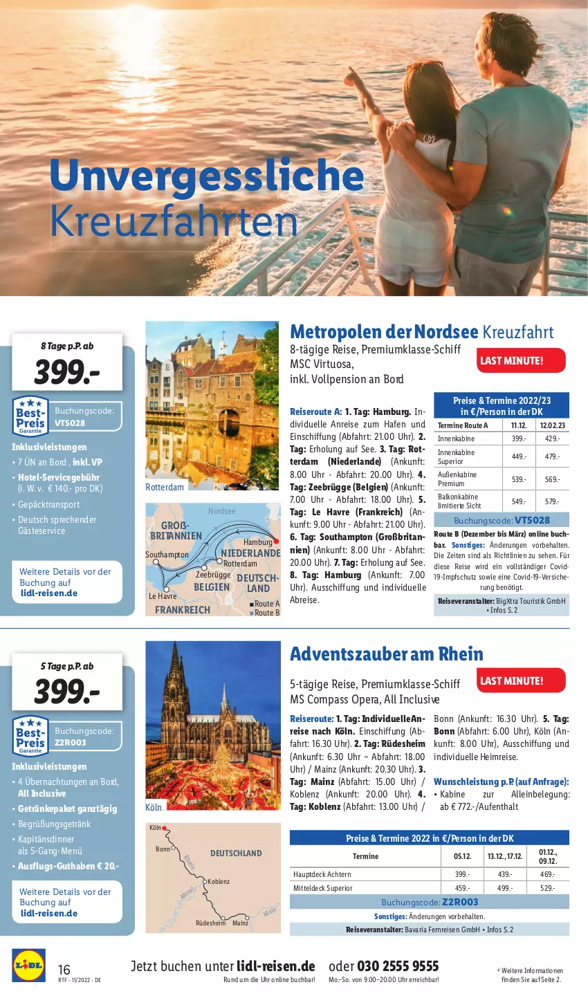 Aktueller Prospekt Lidl - Themenflyer November 2022 - von 12.11.2022 bis 14.01.2023 - strona 16 - produkty: balkonkabine, bavaria fernreisen gmbh, Brei, brita, buch, eis, elle, getränk, getränke, inklusivleistungen, kreuzfahrten, LG, mac, Metro, Nordsee, reis, reiseveranstalter, Ria, Sport, Ti, uhr