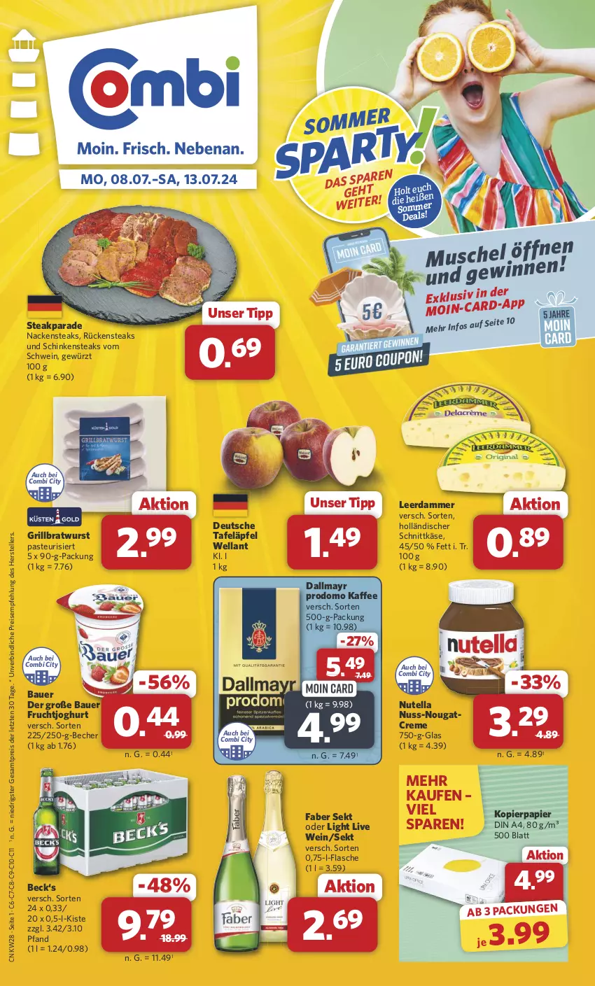 Aktueller Prospekt Combi - Prospekte - von 08.07 bis 13.07.2024 - strona 1 - produkty: auer, Bau, Bauer, Becher, bratwurst, creme, dallmayr, dallmayr prodomo, din a4, eis, elle, flasche, frucht, fruchtjoghurt, gewürz, grill, grillbratwurst, holländischer schnittkäse, joghur, joghurt, kaffee, Käse, kopierpapier, leerdammer, Nackensteak, nackensteaks, Nougatcreme, nuss, nutella, papier, prodomo, reis, Rückensteak, rückensteaks, schinken, Schinkensteak, schnittkäse, schwein, sekt, steak, steaks, tafeläpfel, teller, Ti, wein, Wella, wurst, ZTE