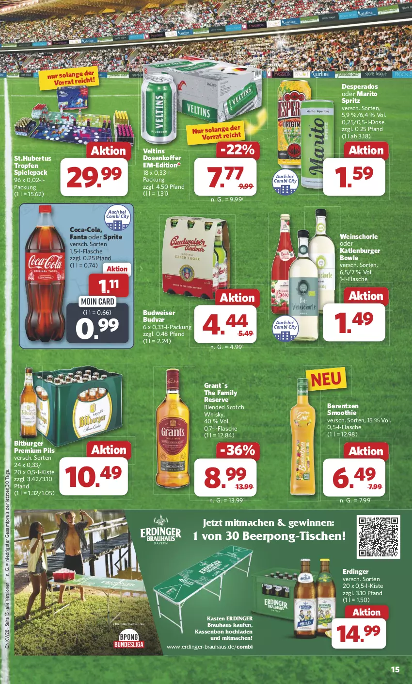 Aktueller Prospekt Combi - Prospekte - von 08.07 bis 13.07.2024 - strona 17 - produkty: berentzen, bitburger, blended scotch, blended scotch whisky, bowle, budweiser, burger, coca-cola, cola, desperados, eis, elle, erdinger, fanta, fanta oder, fanta oder sprite, flasche, katlenburger, koffer, mac, oder sprite, pils, premium pils, reis, schorle, scotch, scotch whisky, smoothie, Spiele, sprite, Ti, tisch, veltins, wein, weinschorle, whisky, ZTE