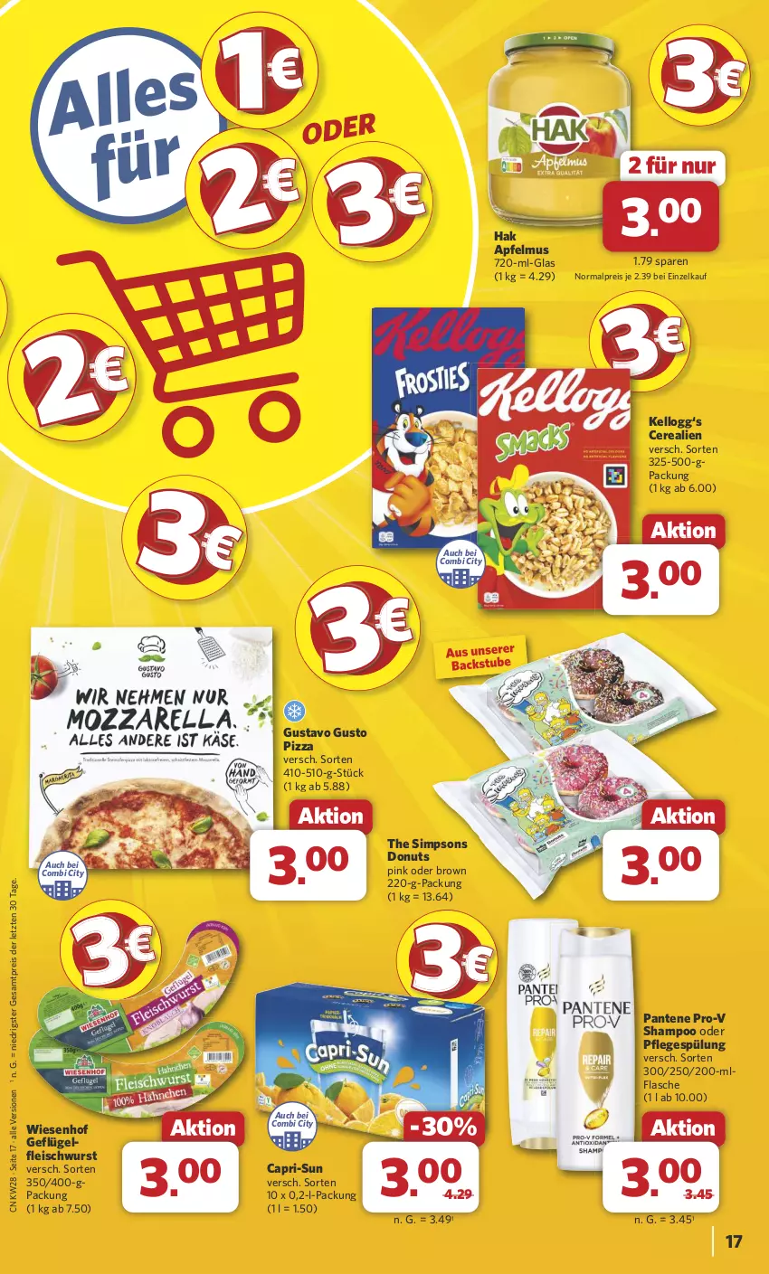 Aktueller Prospekt Combi - Prospekte - von 08.07 bis 13.07.2024 - strona 19 - produkty: apfel, apfelmus, Cap, cerealien, Donut, donuts, eis, flasche, fleisch, fleischwurst, Geflügel, Kellogg‘s, pantene, Pflegespülung, pizza, reis, shampoo, sim, spülung, stube, Ti, wiesenhof, wurst, ZTE