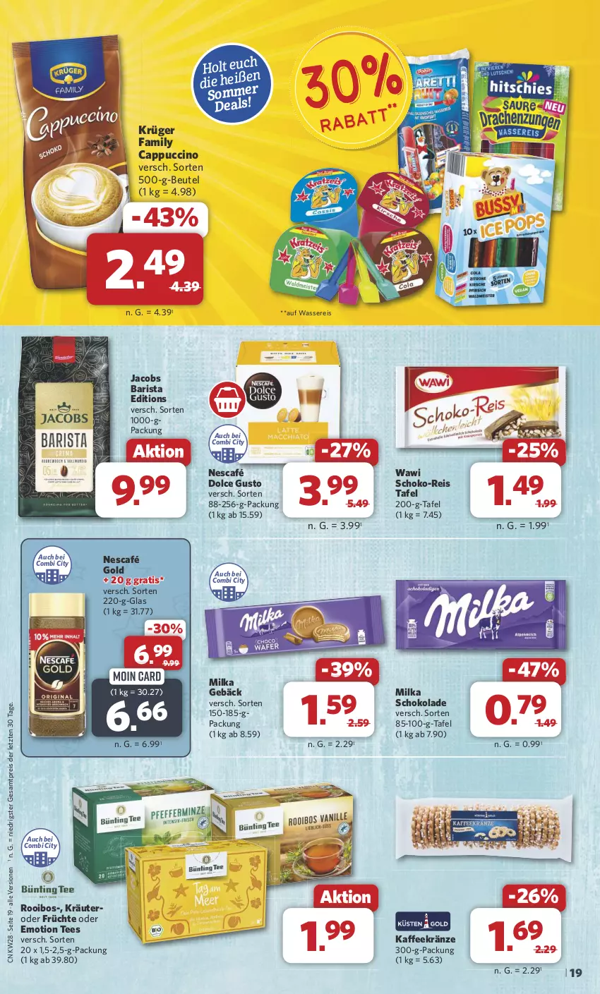 Aktueller Prospekt Combi - Prospekte - von 08.07 bis 13.07.2024 - strona 21 - produkty: beutel, Cap, cappuccino, cin, dolce gusto, eis, früchte, jacobs, kaffee, kräuter, krüger, milka, milka schokolade, Nescafé, nescafé gold, reis, schoko, schokolade, tee, Ti, wasser, wassereis, ZTE