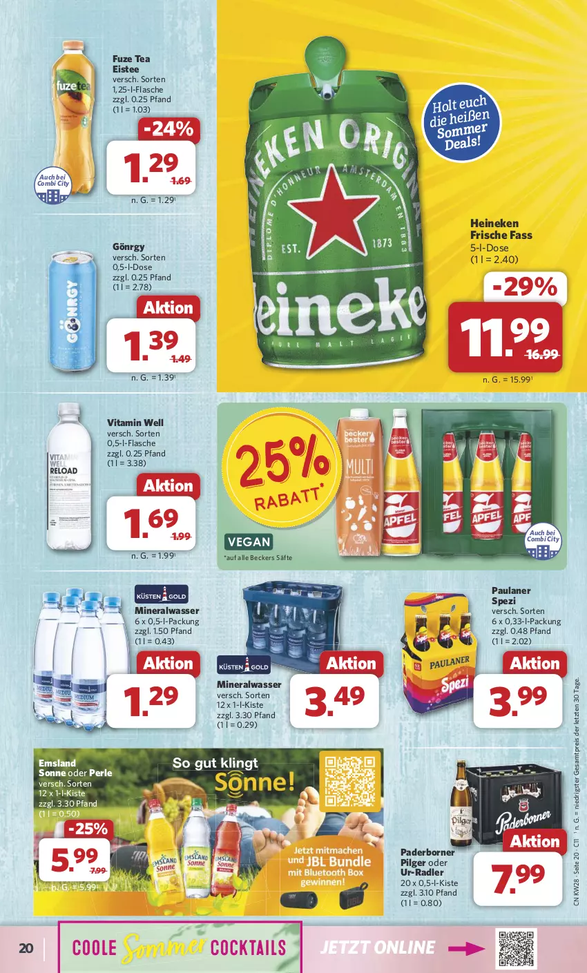 Aktueller Prospekt Combi - Prospekte - von 08.07 bis 13.07.2024 - strona 22 - produkty: Alwa, cocktail, cocktails, eis, eistee, flasche, fuze tea, heineken, LG, mineralwasser, Paula, paulaner, radler, reis, säfte, Spezi, tee, Ti, vita, wasser, ZTE