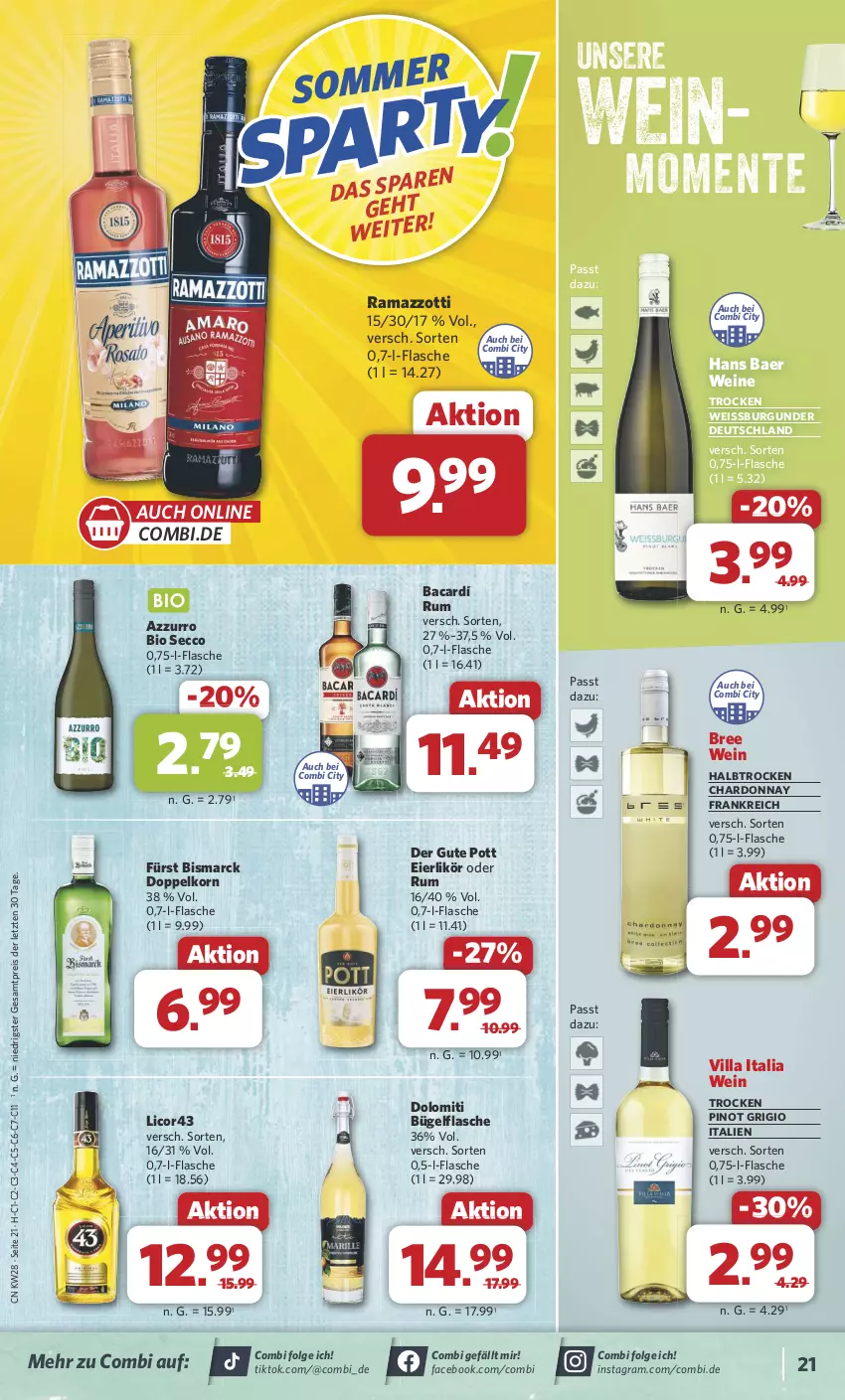 Aktueller Prospekt Combi - Prospekte - von 08.07 bis 13.07.2024 - strona 23 - produkty: bio, bismarck, bree, bügel, bügelflasche, burgunder, chardonnay, doppelkorn, ecco, eier, eierlikör, eis, ente, flasche, korn, LG, licor, likör, Pinot, pinot grigio, rama, ramazzott, ramazzotti, reis, rum, Ti, wein, weine, zott, ZTE