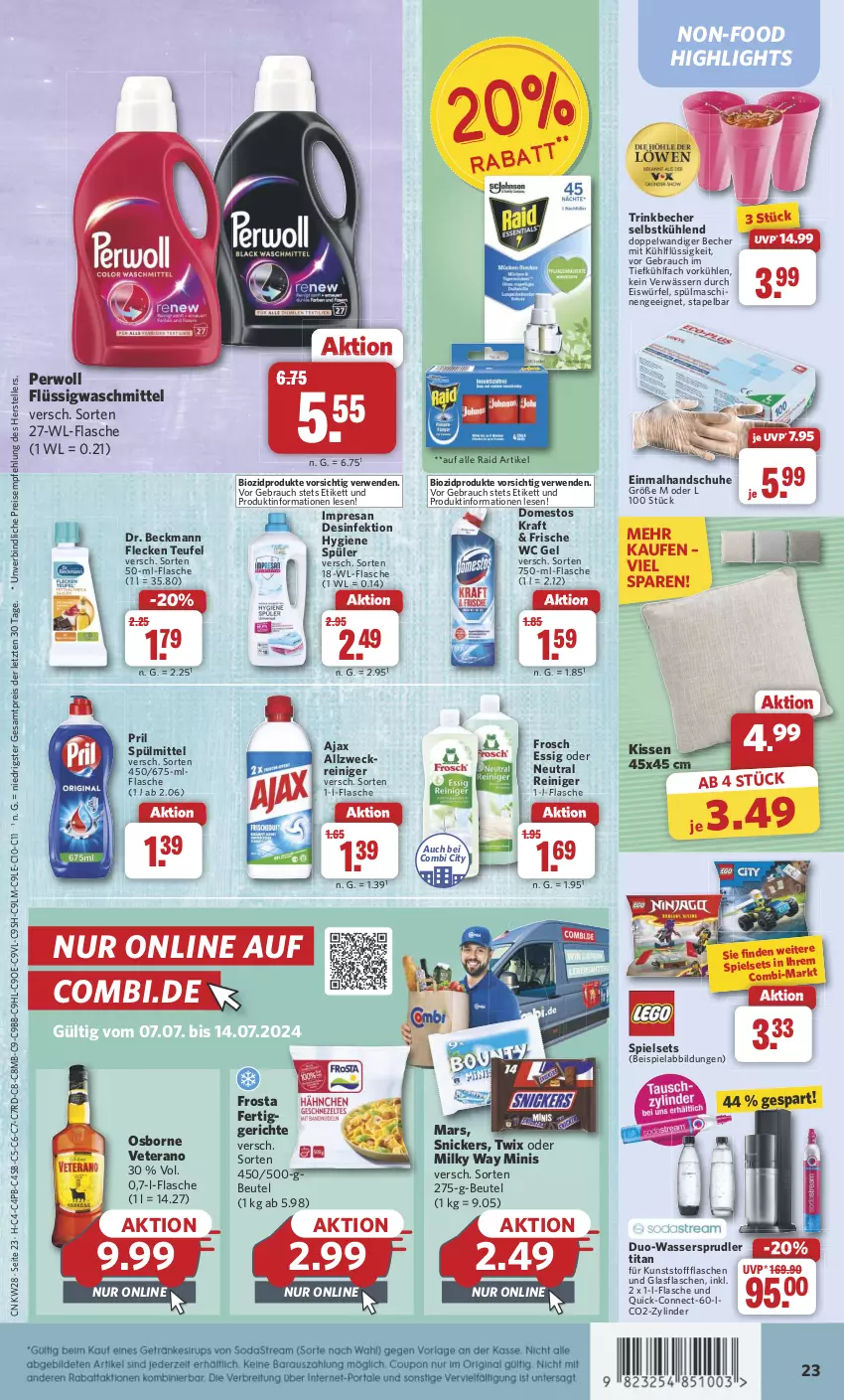 Aktueller Prospekt Combi - Prospekte - von 08.07 bis 13.07.2024 - strona 25 - produkty: ajax, Becher, beispielabbildung, beutel, bio, biozidprodukte, Desinfektion, domestos, Dr. Beckmann, eis, eiswürfel, elle, essig, fertiggericht, fertiggerichte, flasche, Frosch, frosta, glasflasche, handschuhe, kissen, kraft, mars, milky way, osborne, perwoll, pril, Rauch, reiniger, reis, resa, rwe, schuhe, snickers, spülmaschinen, spülmittel, teller, Ti, trinkbecher, twix, veterano, waschmittel, wasser, wassersprudler, weck, würfel, ZTE