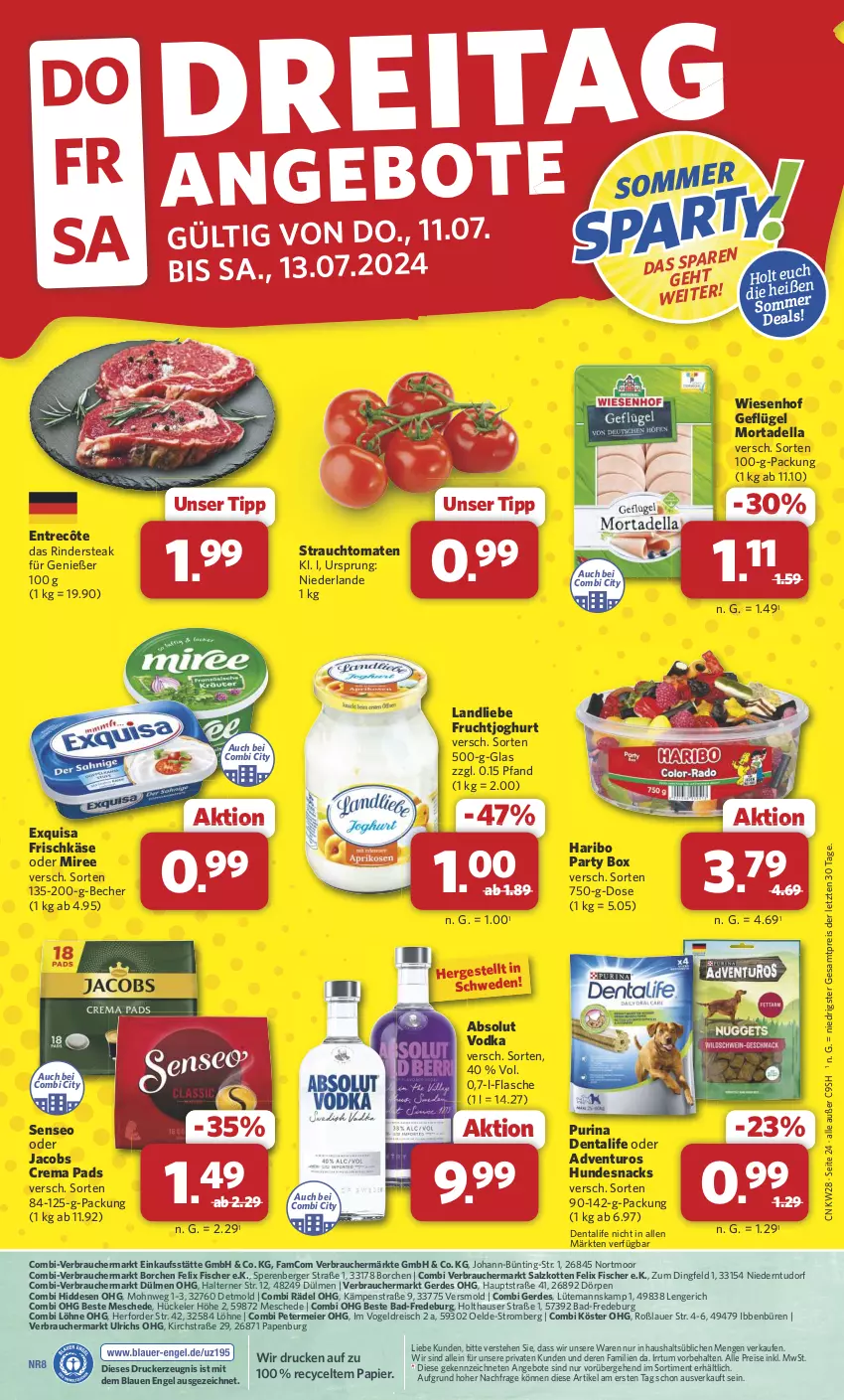 Aktueller Prospekt Combi - Prospekte - von 08.07 bis 13.07.2024 - strona 26 - produkty: Absolut Vodka, adventuros, angebot, angebote, auer, Bad, Becher, Berger, crema pads, dell, drucker, eier, eis, Engel, entrecôte, erde, exquisa, exquisa frischkäse, felix, fisch, fische, Fischer, flasche, frischkäse, frucht, fruchtjoghurt, Geflügel, haribo, hundesnack, hundesnacks, jacobs, Jacobs Crema, joghur, joghurt, Käse, kerze, landliebe, miree, mortadella, oder jacobs, papier, purina, Rauch, reis, rind, rinder, Rindersteak, salz, senseo, snack, snacks, steak, strauchtomaten, Ti, tomate, tomaten, vodka, wiesenhof, ZTE