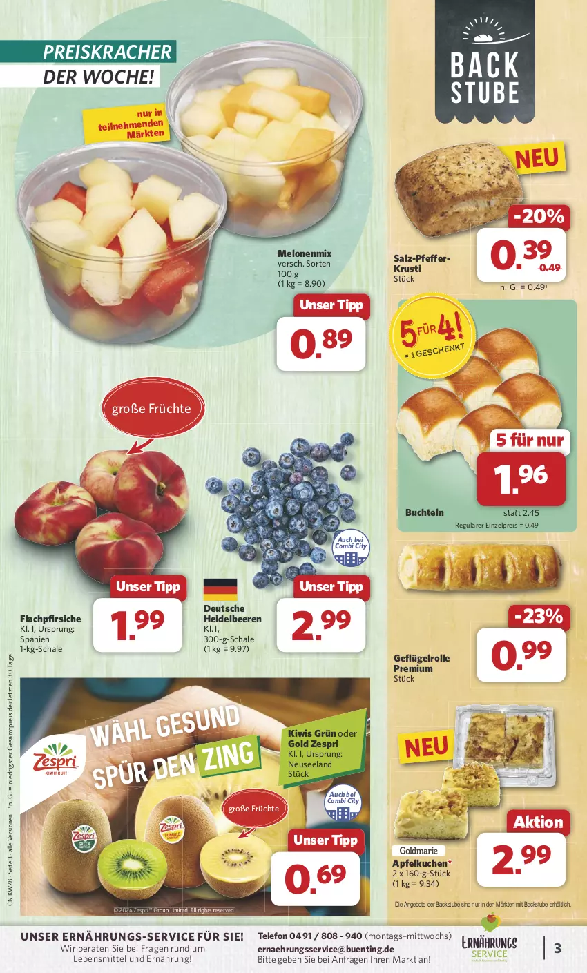 Aktueller Prospekt Combi - Prospekte - von 08.07 bis 13.07.2024 - strona 3 - produkty: angebot, angebote, apfel, Apfelkuchen, beere, beeren, buch, eis, Elan, früchte, Geflügel, heidelbeere, heidelbeeren, HP, kiwi, kracher, kuchen, lebensmittel, melone, melonen, pfeffer, pfirsich, pfirsiche, reis, salz, Schal, Schale, stube, telefon, Ti, zespri, ZTE