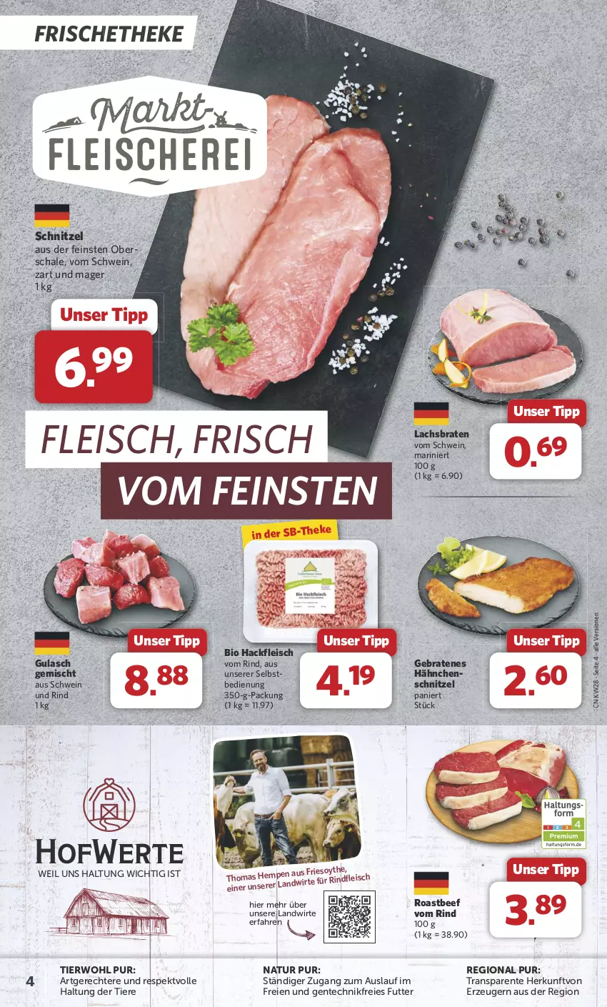 Aktueller Prospekt Combi - Prospekte - von 08.07 bis 13.07.2024 - strona 4 - produkty: beef, bio, braten, eis, ente, fleisch, gulasch, hackfleisch, Hähnchenschnitzel, lachs, Lachsbraten, natur, rind, rindfleisch, roastbeef, Schal, Schale, schnitzel, schwein, schwein und rind, Ti, Tiere, wein