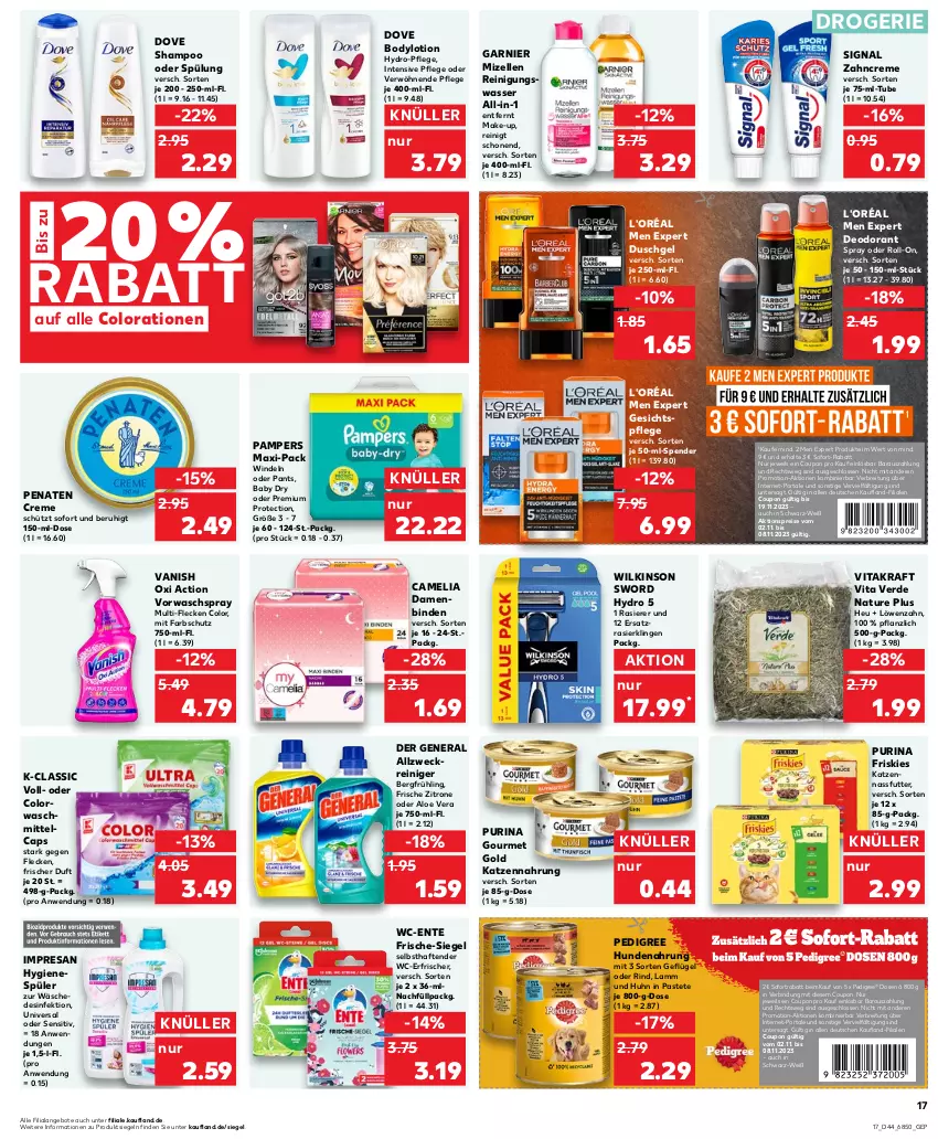 Aktueller Prospekt Kaufland - Prospekt - von 02.11 bis 08.11.2023 - strona 17 - produkty: aktionspreis, allzweckreiniger, aloe vera, angebot, angebote, binden, body, bodylotion, Brei, camelia, Cap, Colorationen, colorwaschmittel, coupon, creme, Damenbinden, deo, deodorant, Desinfektion, dove, duschgel, eis, elle, ente, erde, Friskies, garnier, Geflügel, gesichtspflege, gourmet gold, gsw, Heu, hundenahrung, hygienespüler, katzennahrung, kraft, lamm, Lotion, Make-up, mizellen, Mizellen Reinigungswasser, nassfutter, natur, oxi action, pampers, Pants, pastete, pedigree, penaten, purina, rasierer, Rasierklinge, rasierklingen, reiniger, Reinigung, reis, resa, rind, roll-on, shampoo, shampoo oder spülung, Signal, sofort-rabatt, sofortrabatt, spülung, tender, Ti, vanish, vanish oxi action, vita, vitakraft, waschmittel, wasser, weck, wilkinson, windeln, windeln oder pants, zahncreme, zitrone