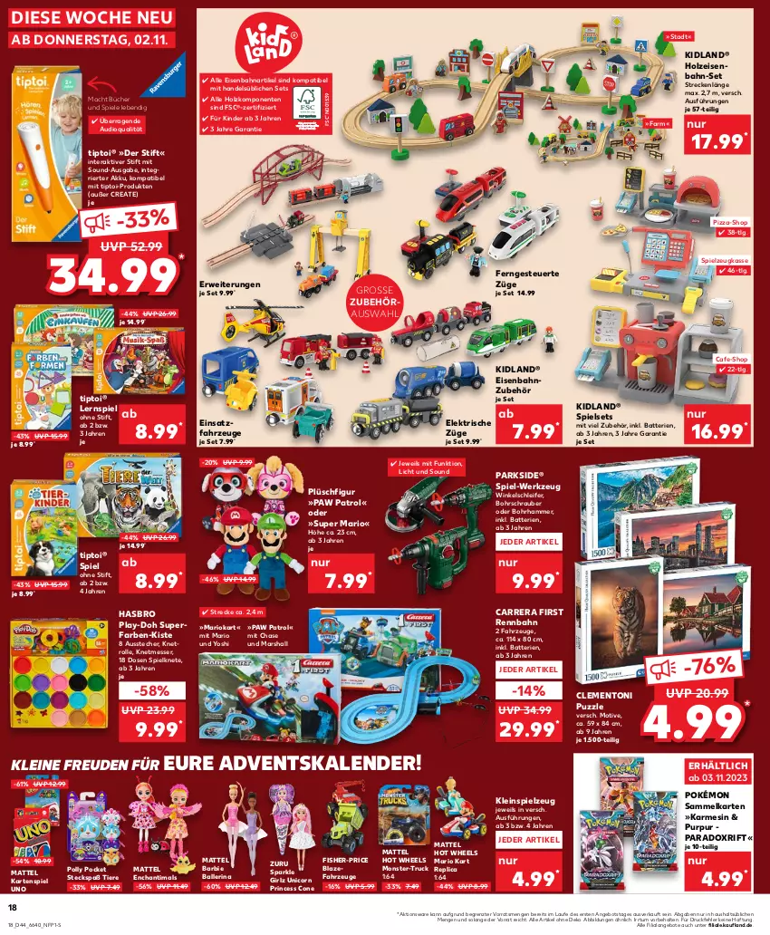 Aktueller Prospekt Kaufland - Prospekt - von 02.11 bis 08.11.2023 - strona 18 - produkty: Adventskalender, akku, angebot, angebote, Ausstecher, ball, Barbie, batterie, batterien, Bohrhammer, Bohrschrauber, Carrera, eis, Eisenbahn, ente, Hasbro, Holz, Hot Wheels, Kartenspiel, Kinder, leine, Lernspiel, LG, mac, mars, Mattel, messer, monster, Parkside, Paw Patrol, pizza, Play-Doh, Plüsch, Puzzle, rwe, Spiele, spielzeug, Ti, Tiere, Tiptoi, werkzeug, Winkelschleifer, Yo, ZTE